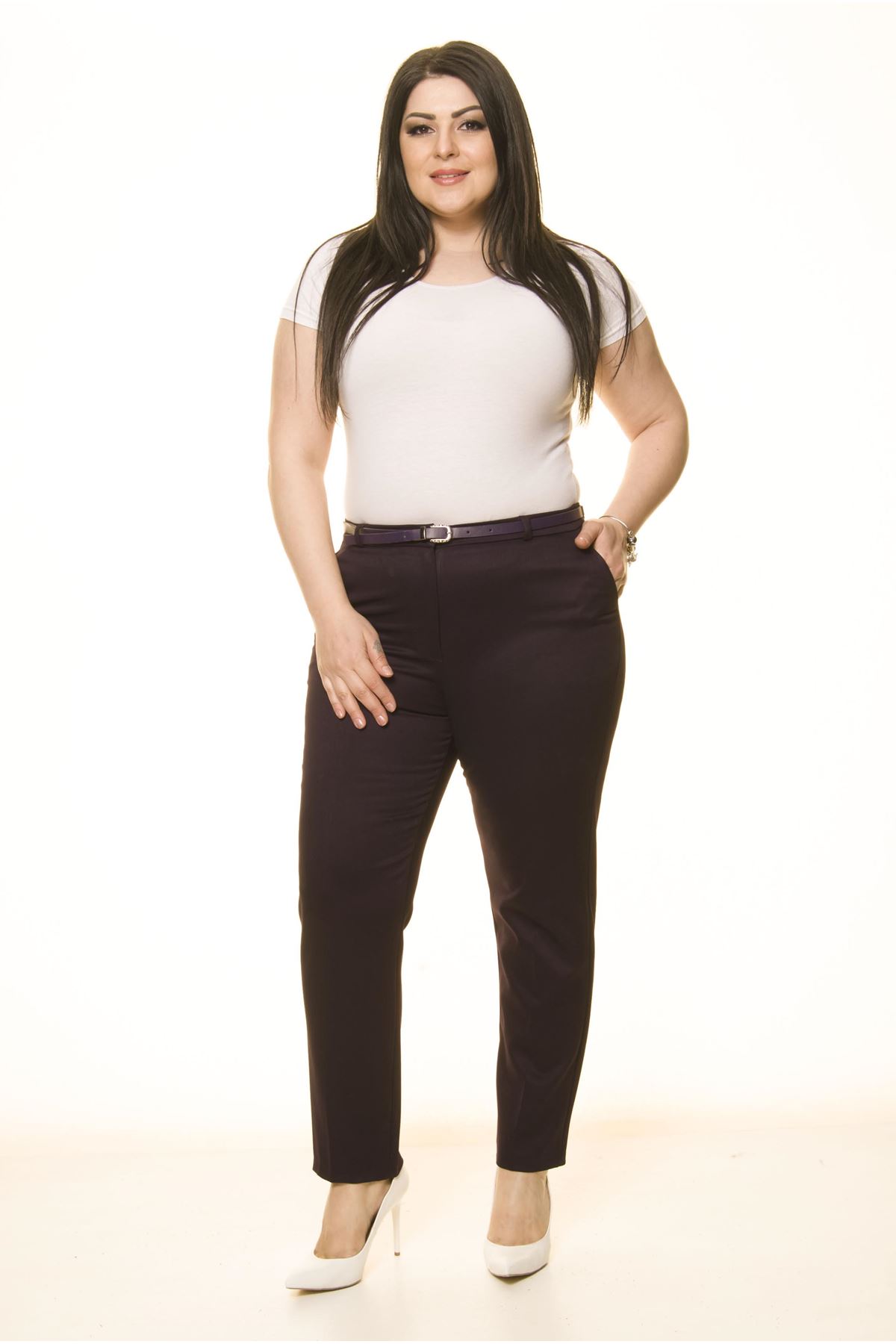 Mor Büyük Beden Kemersiz Kumaş Pantolon L2-1701