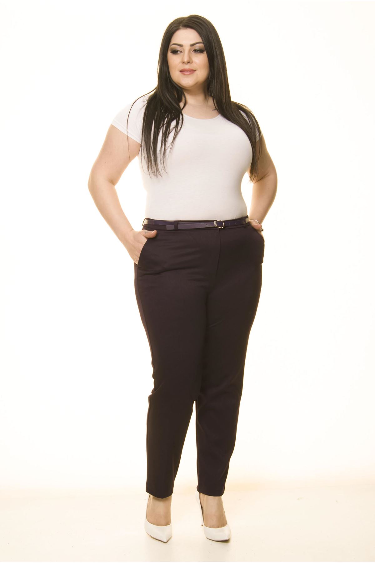 Mor Büyük Beden Kemersiz Kumaş Pantolon L2-1701