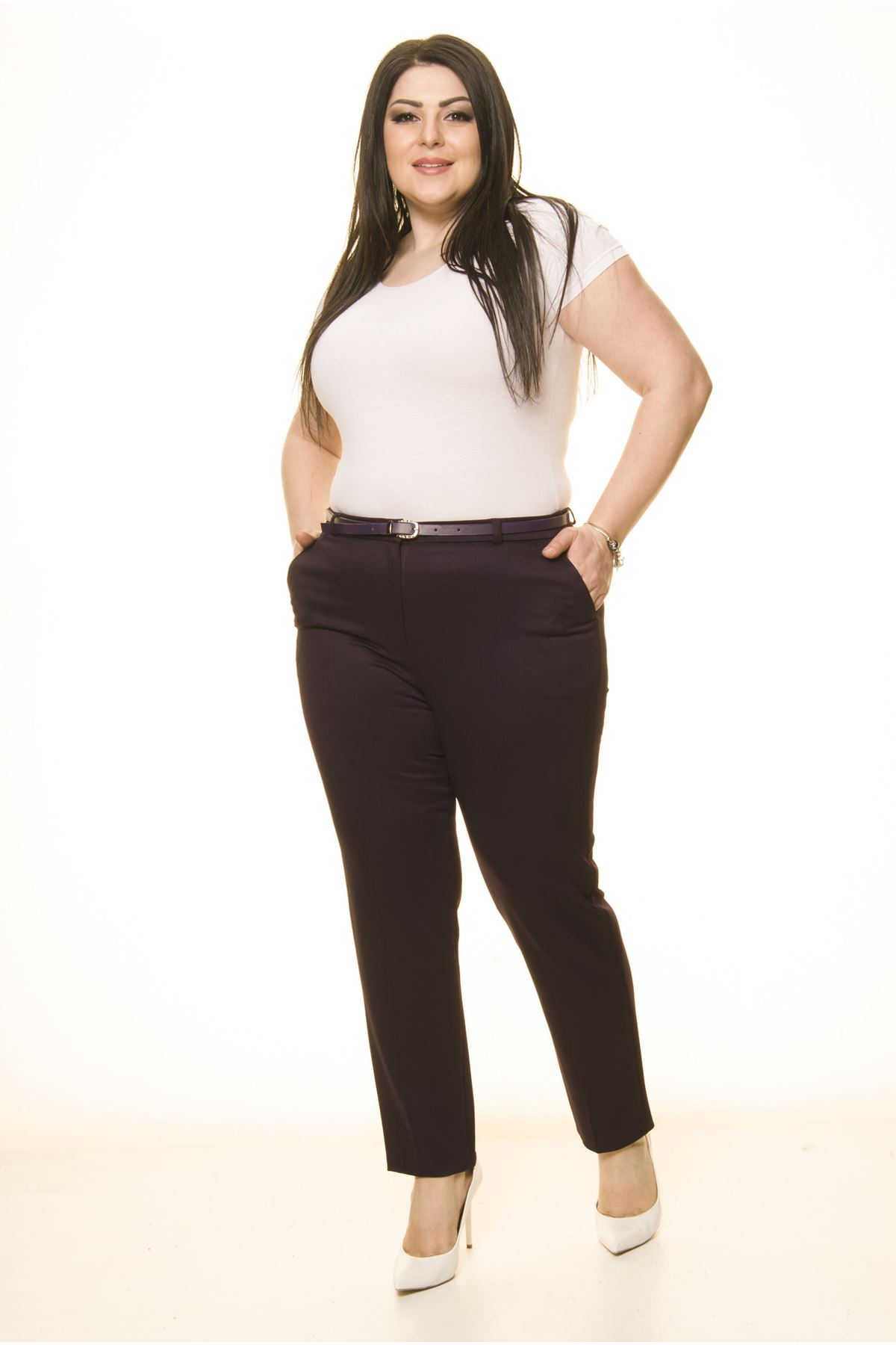 Mor Büyük Beden Kemersiz Kumaş Pantolon L2-1701