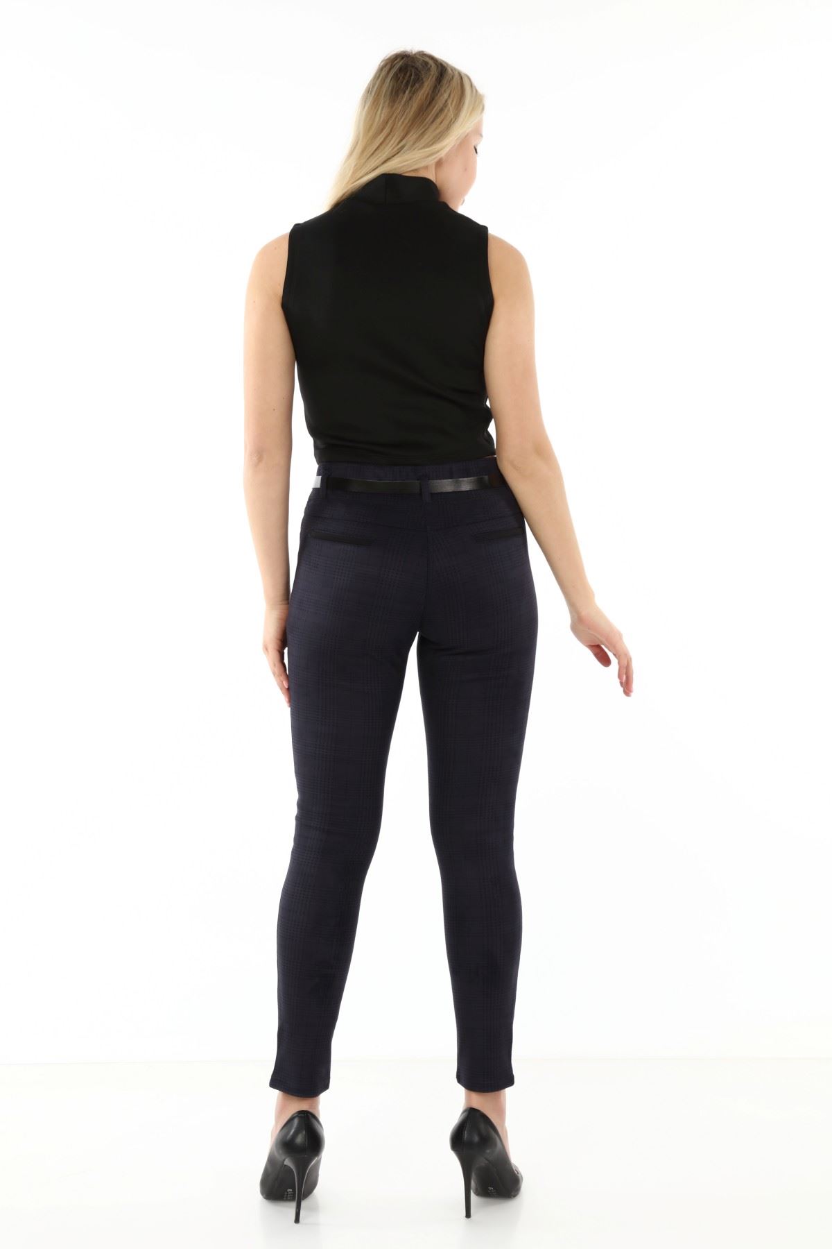 Lacivert Ekoseli Kemersiz Esnek Pantolon L1-1693