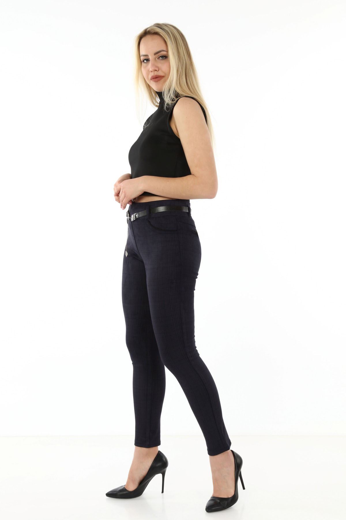 Lacivert Ekoseli Kemersiz Esnek Pantolon L1-1693