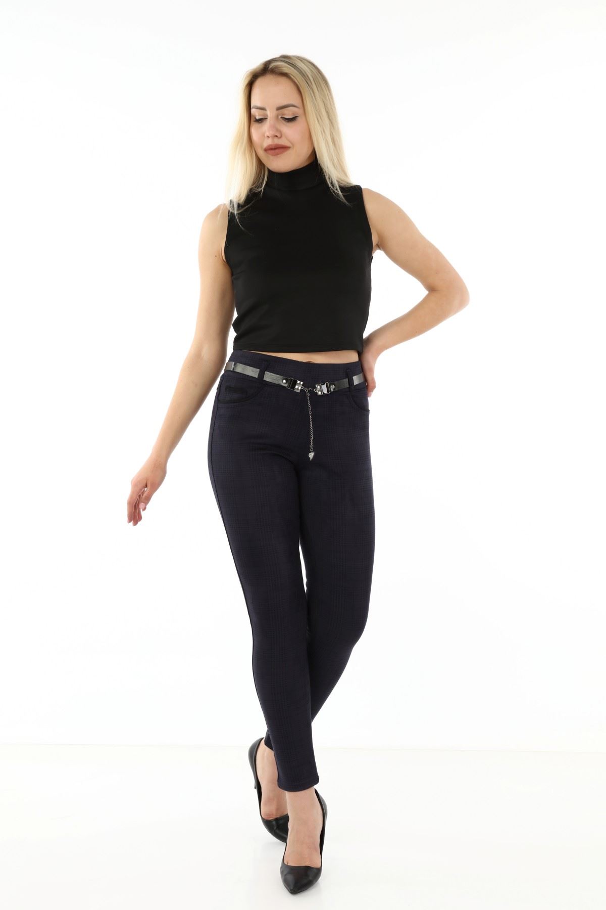 Lacivert Ekoseli Kemersiz Esnek Pantolon L1-1693