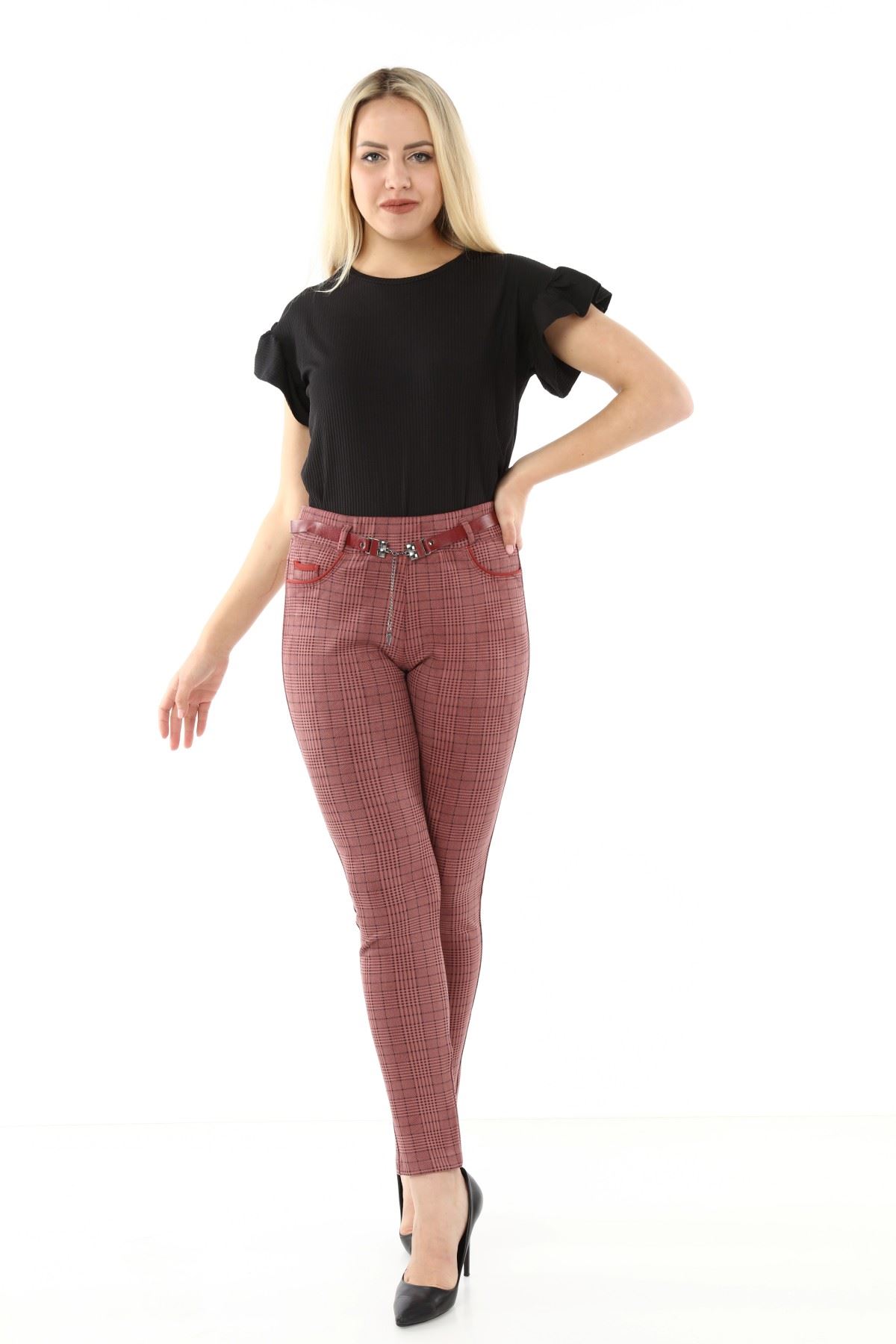 Ekoseli Kemersiz Kışlık Pantolon L1-1692