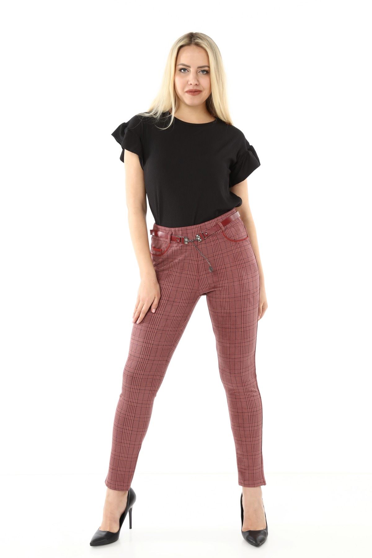 Ekoseli Kemersiz Kışlık Pantolon L1-1692