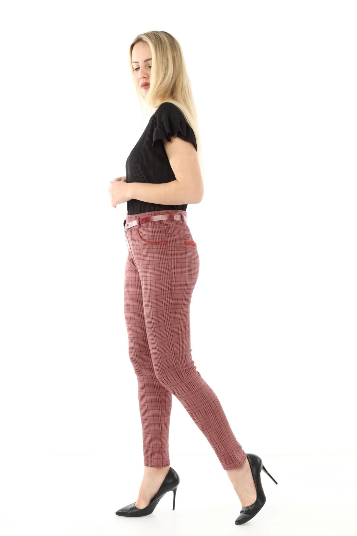 Ekoseli Kemersiz Kışlık Pantolon L1-1692