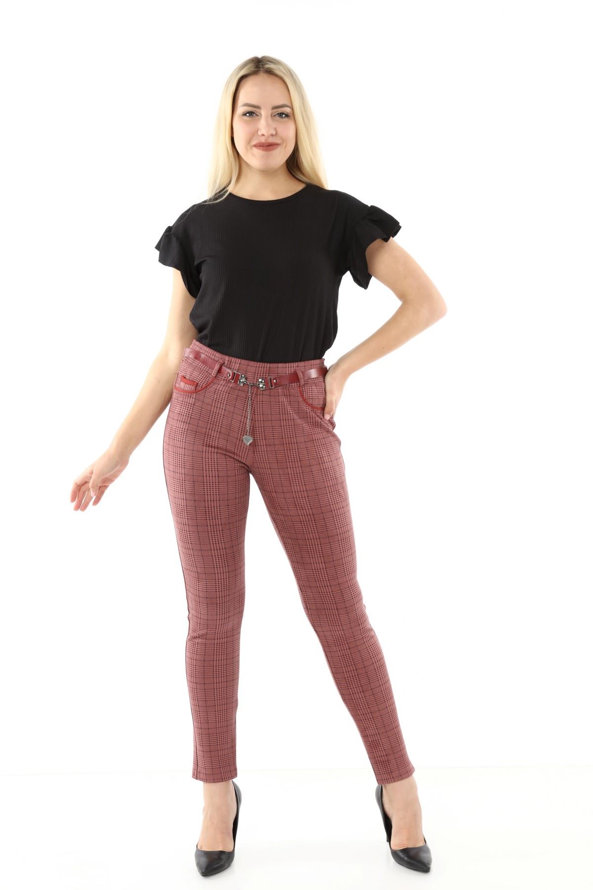 Ekoseli Kemersiz Kışlık Pantolon L1-1692