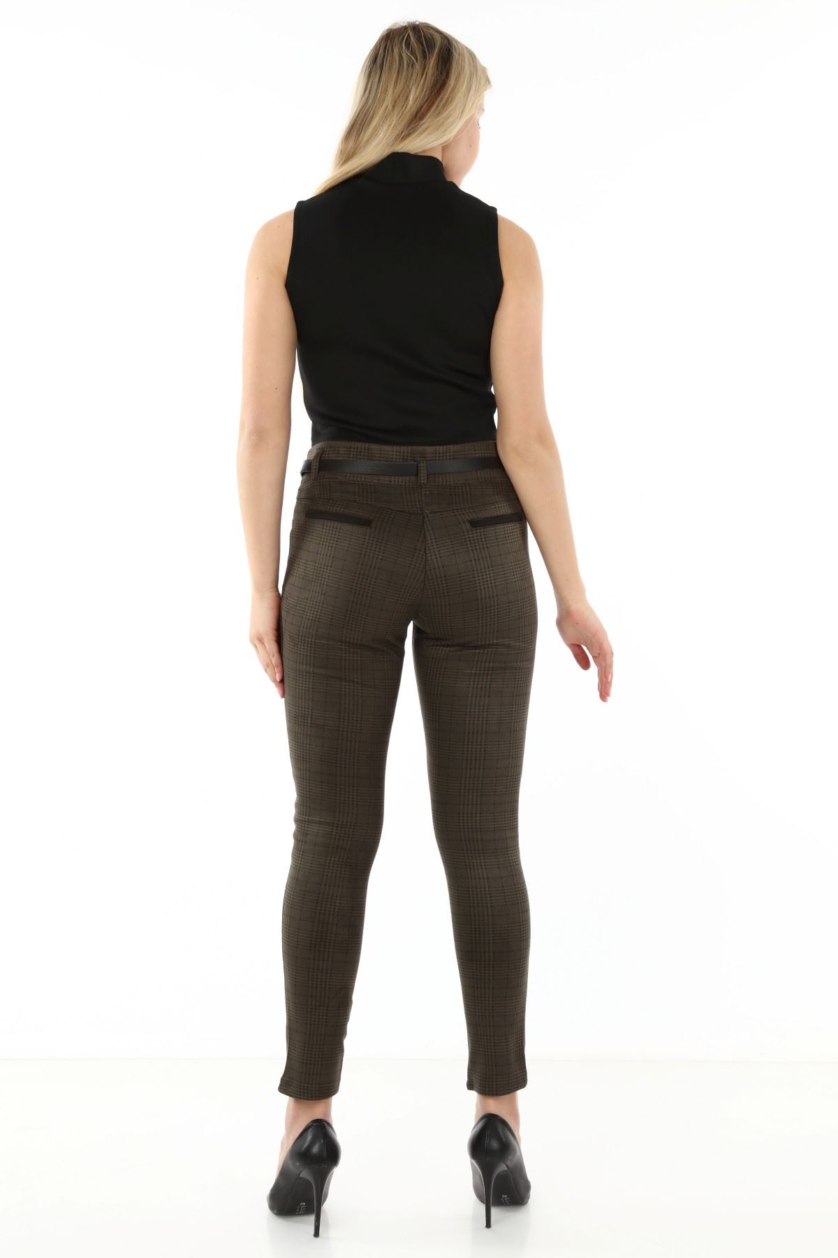 Yeşil Ekoseli Kemersiz Kışlık Esnek Pantolon L1-1694