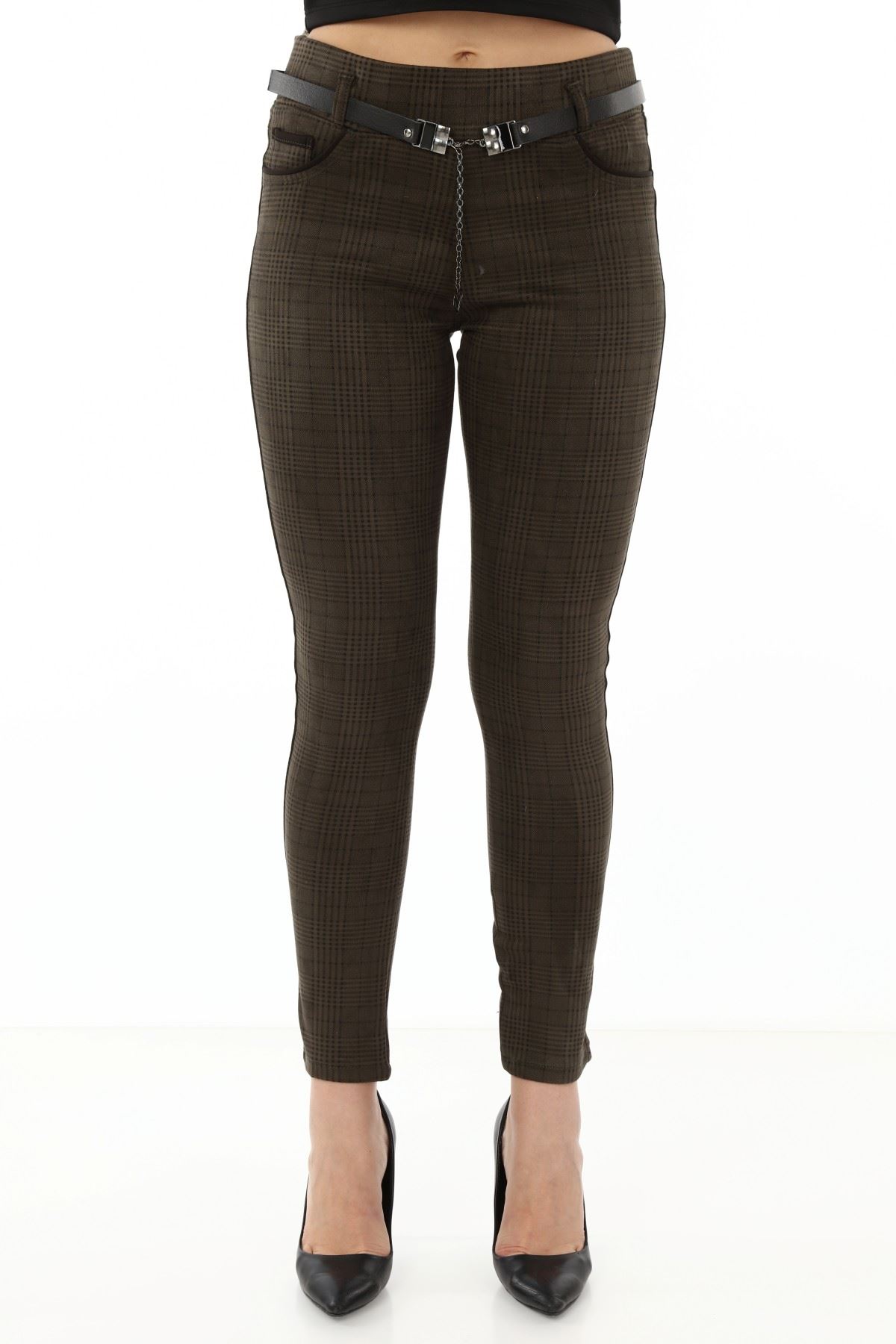 Yeşil Ekoseli Kemersiz Kışlık Esnek Pantolon L1-1694