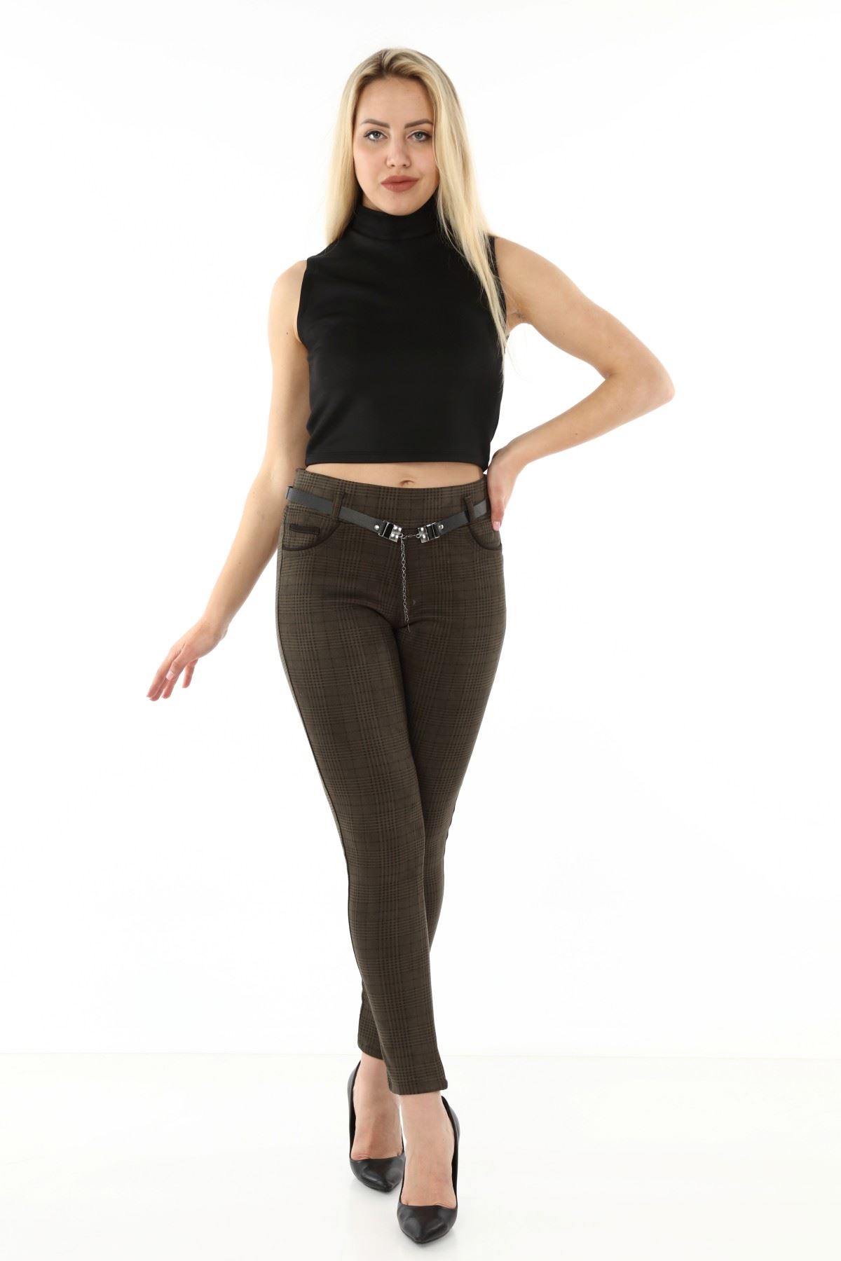 Yeşil Ekoseli Kemersiz Kışlık Esnek Pantolon L1-1694