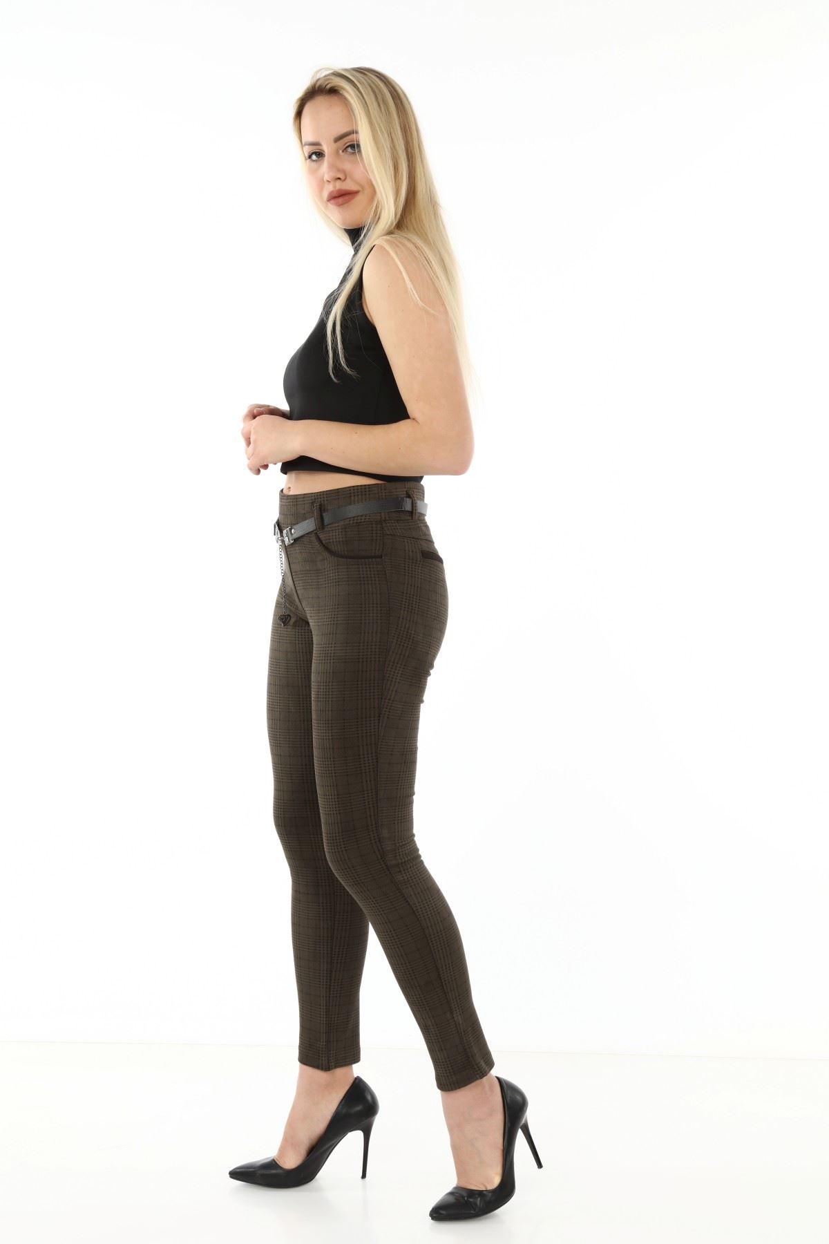 Yeşil Ekoseli Kemersiz Kışlık Esnek Pantolon L1-1694