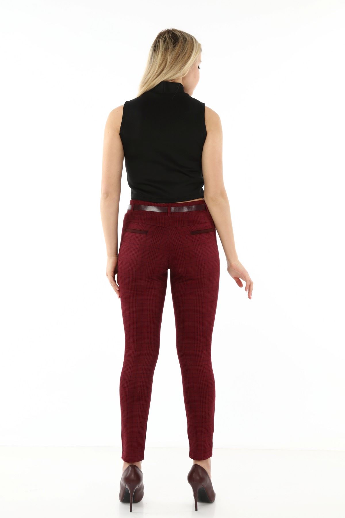 Ekoseli Kemersiz Kışlık Esnek Pantolon L1-1695