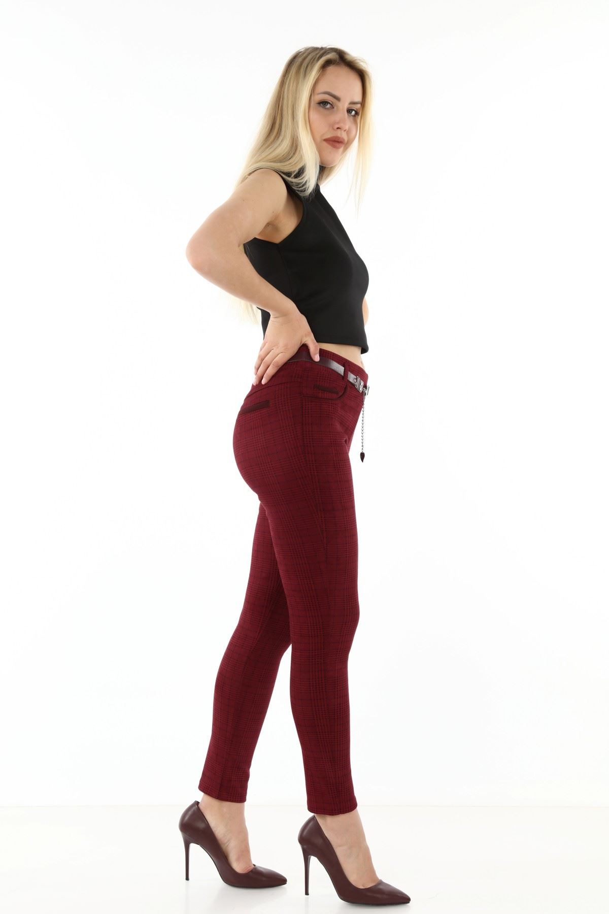 Ekoseli Kemersiz Kışlık Esnek Pantolon L1-1695