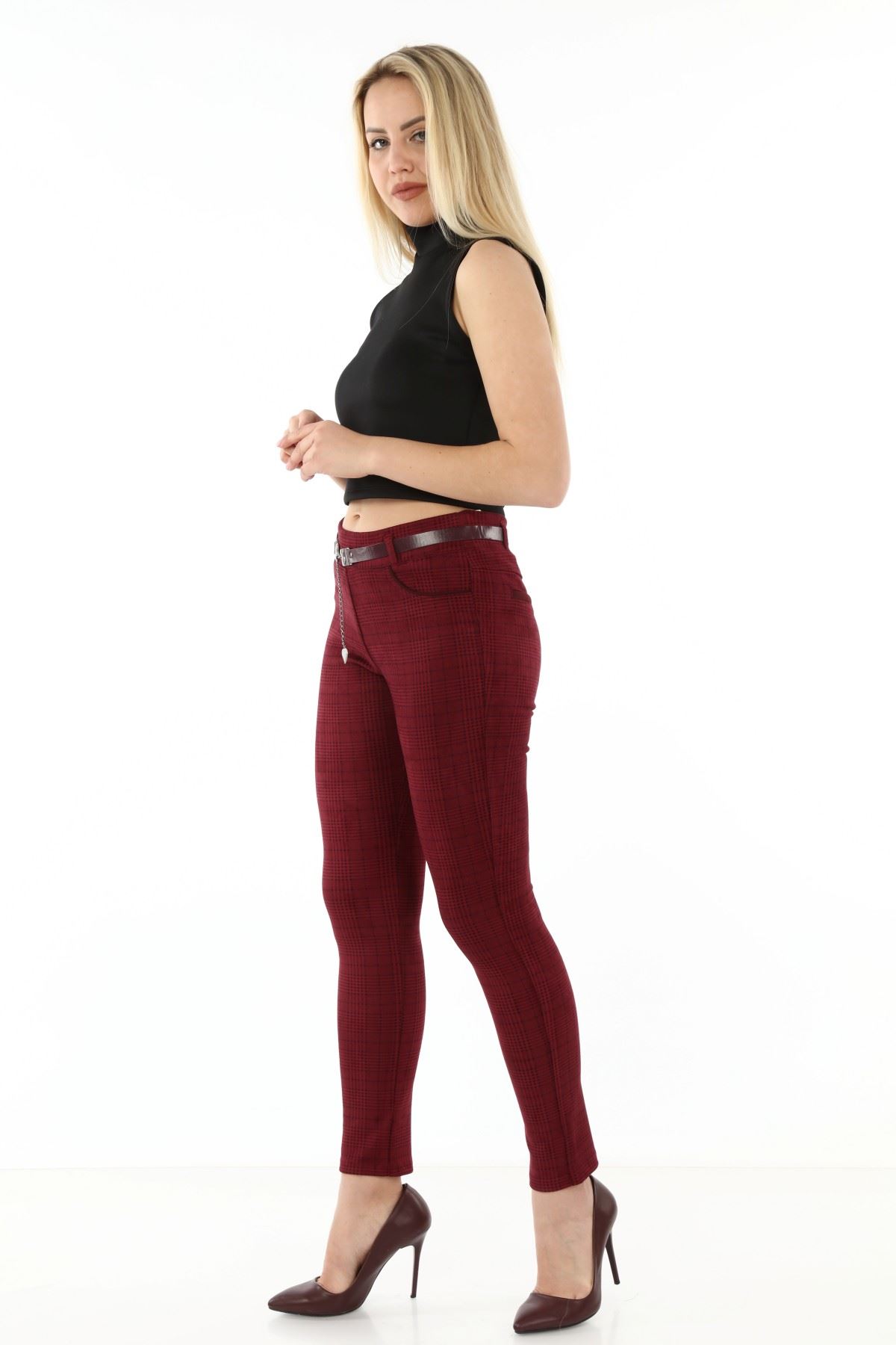 Ekoseli Kemersiz Kışlık Esnek Pantolon L1-1695