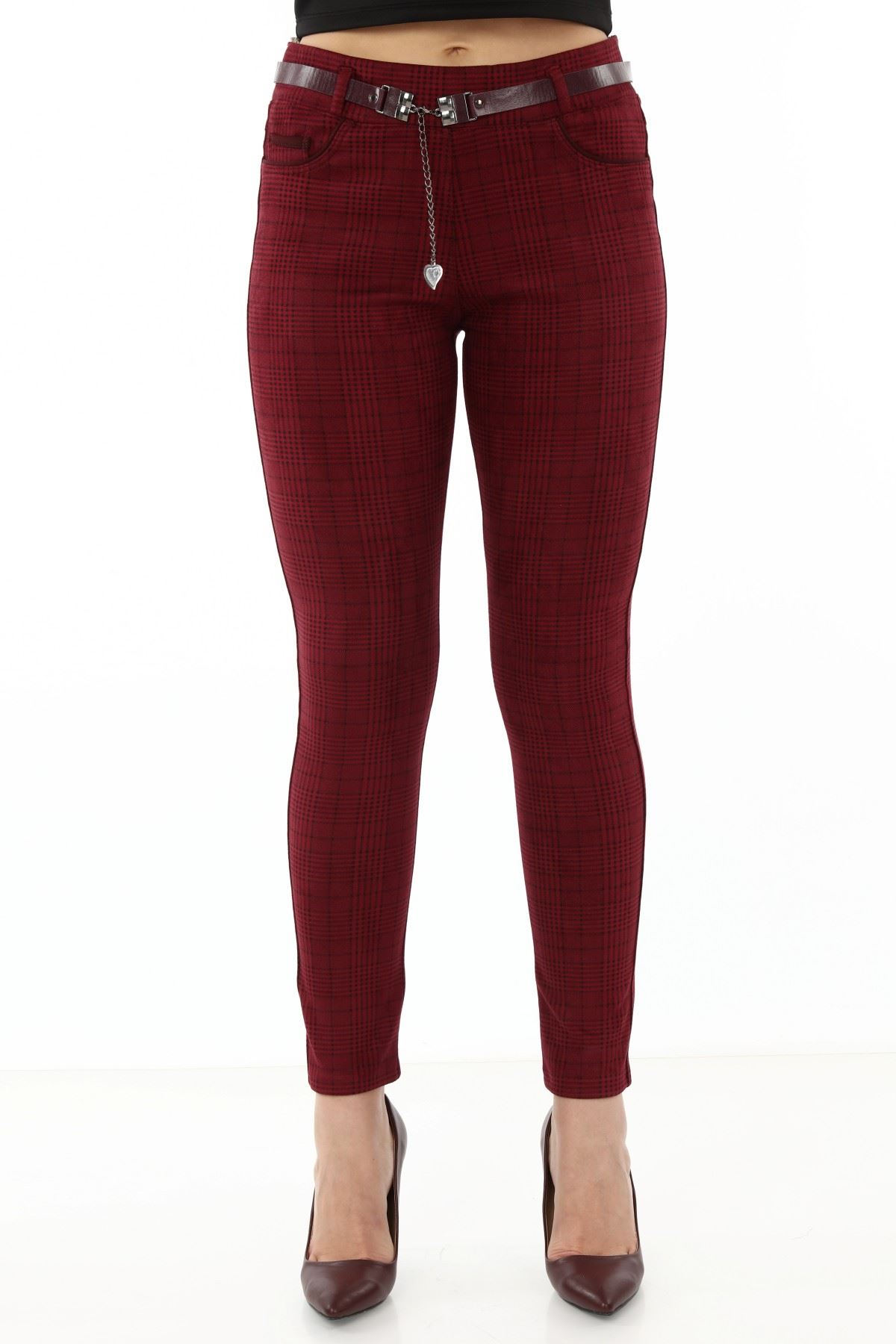 Ekoseli Kemersiz Kışlık Esnek Pantolon L1-1695