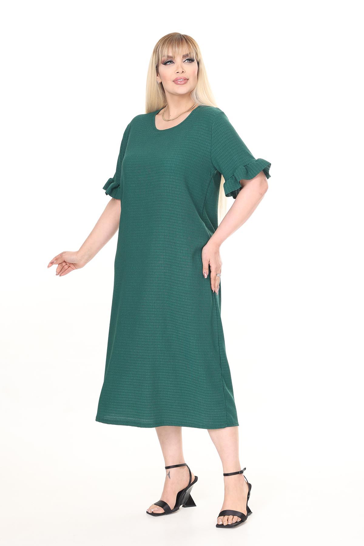 Yazlık Kısa Kol Esnek Büyük Beden Yeşil Elbise 15B-2667