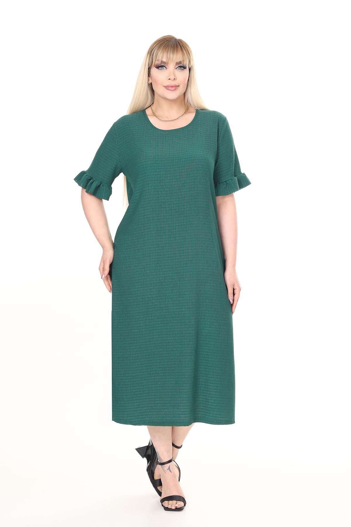 Yazlık Kısa Kol Esnek Büyük Beden Yeşil Elbise 15B-2667