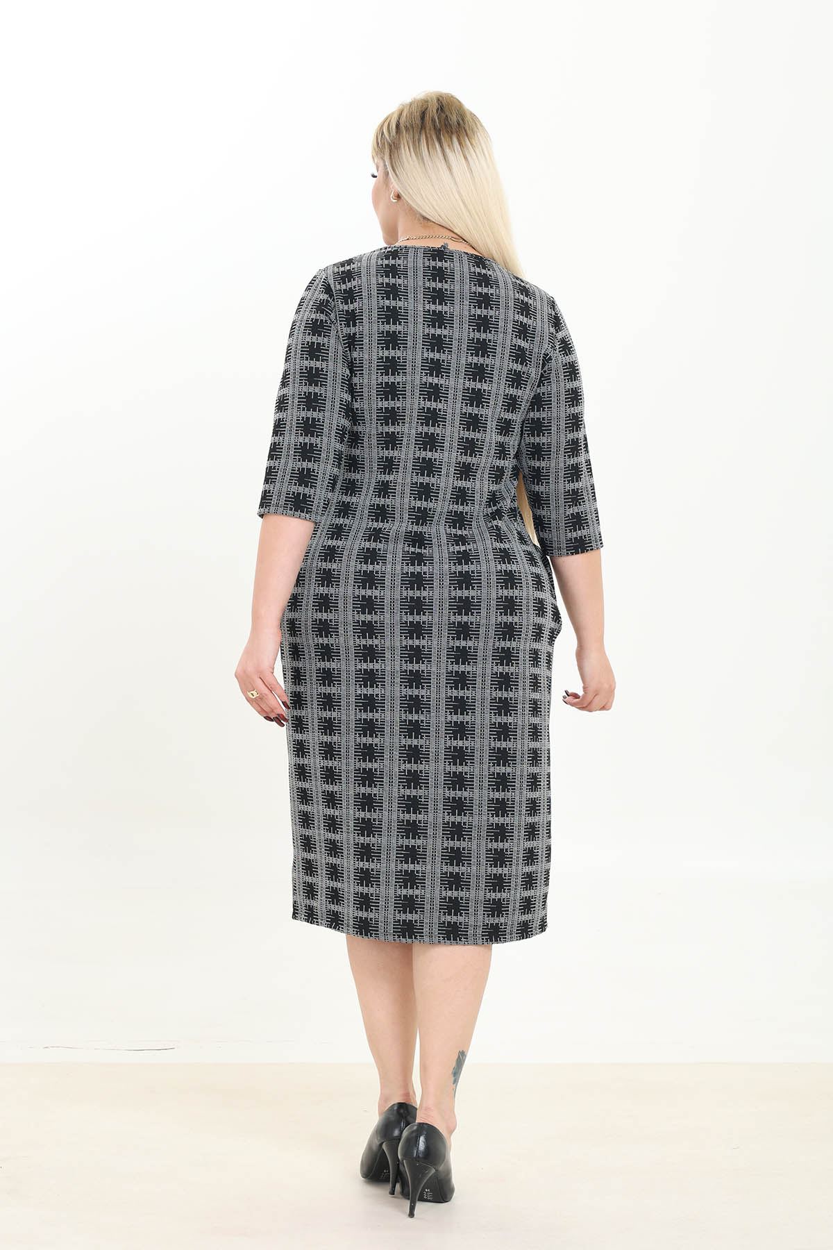 Çift Cepli Desenli Esnek Kışlık Büyük Beden Midi Elbise 45C-2765