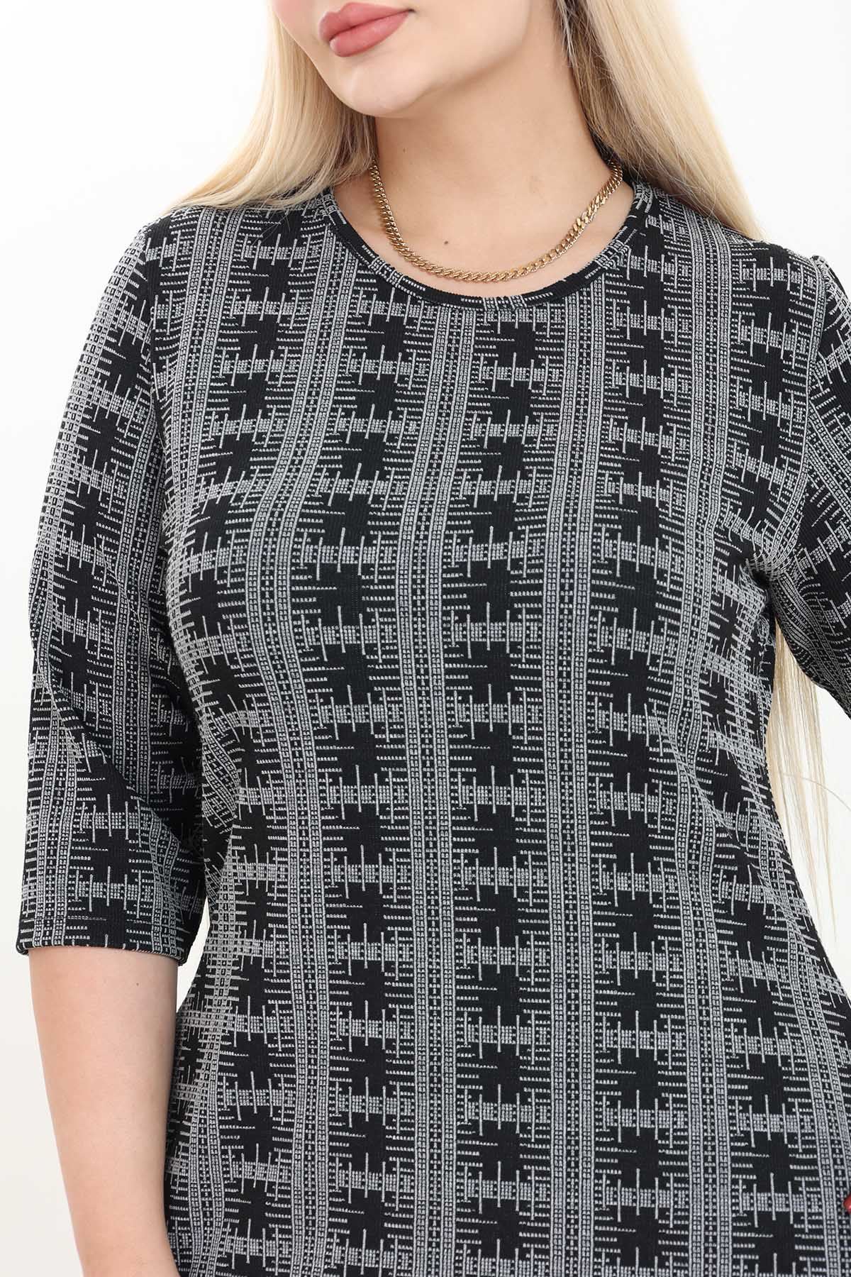 Çift Cepli Desenli Esnek Kışlık Büyük Beden Midi Elbise 45C-2765