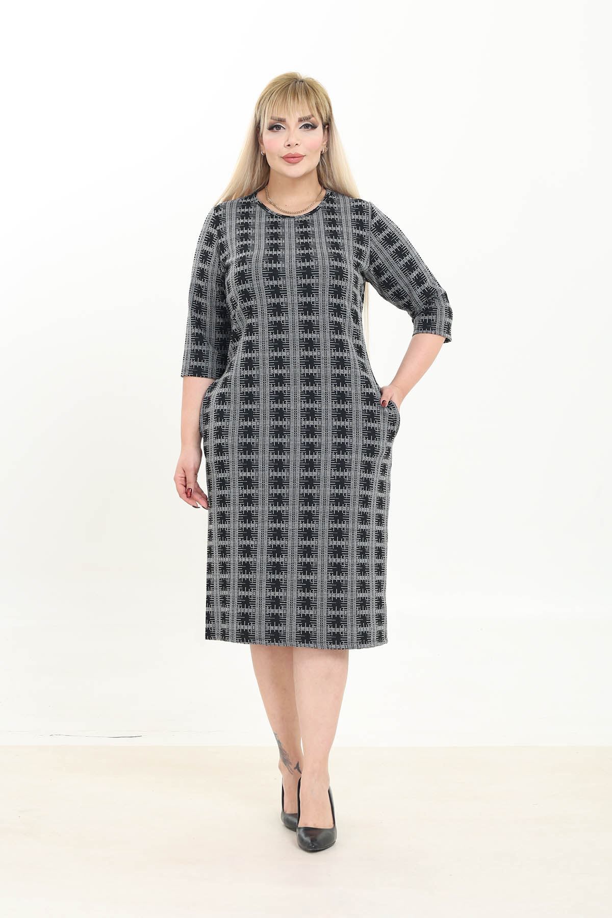 Çift Cepli Desenli Esnek Kışlık Büyük Beden Midi Elbise 45C-2765