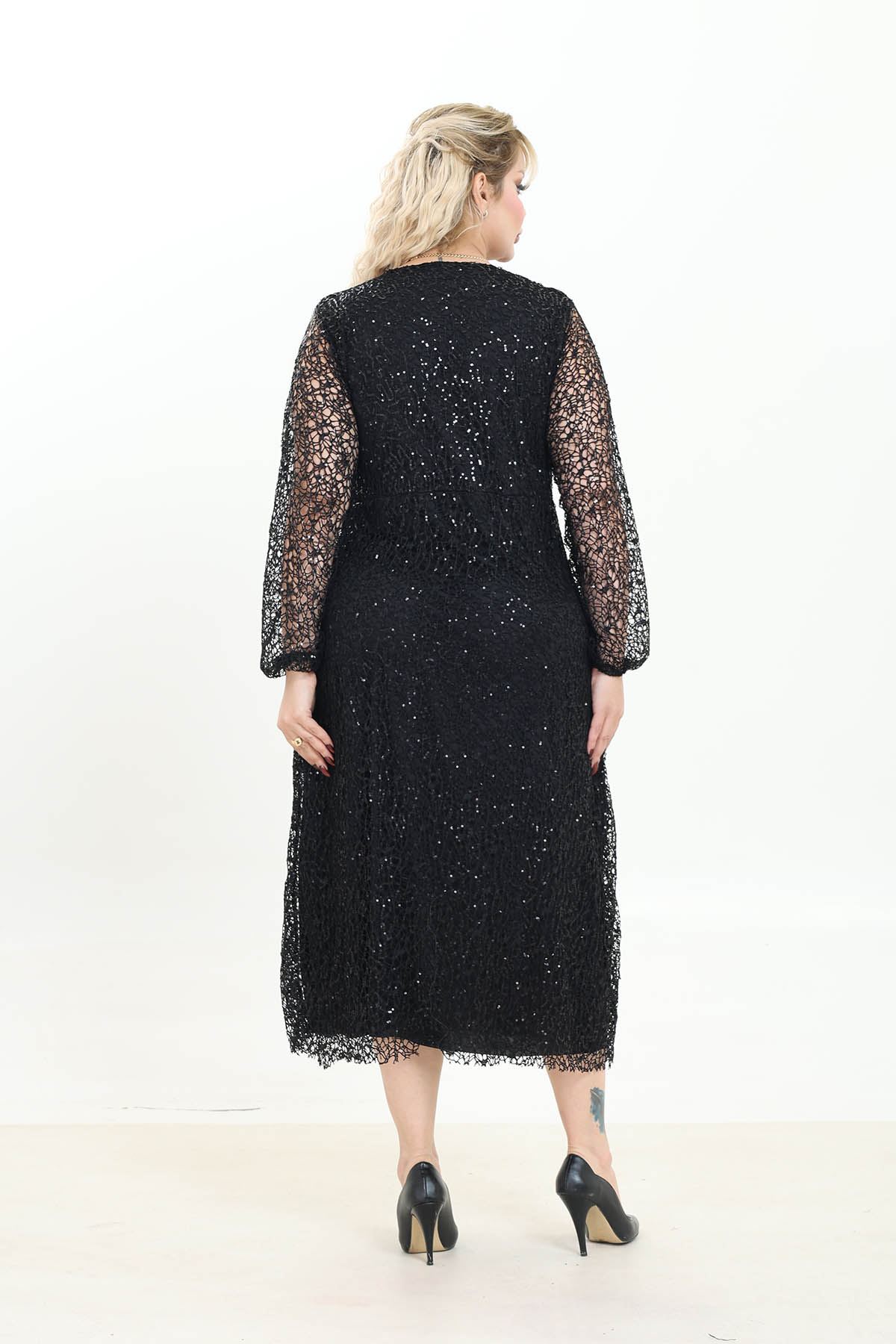 Siyah Dantel Detaylı Kruvaze Yaka Uzun Kollu Abiye Elbise 21C-2764