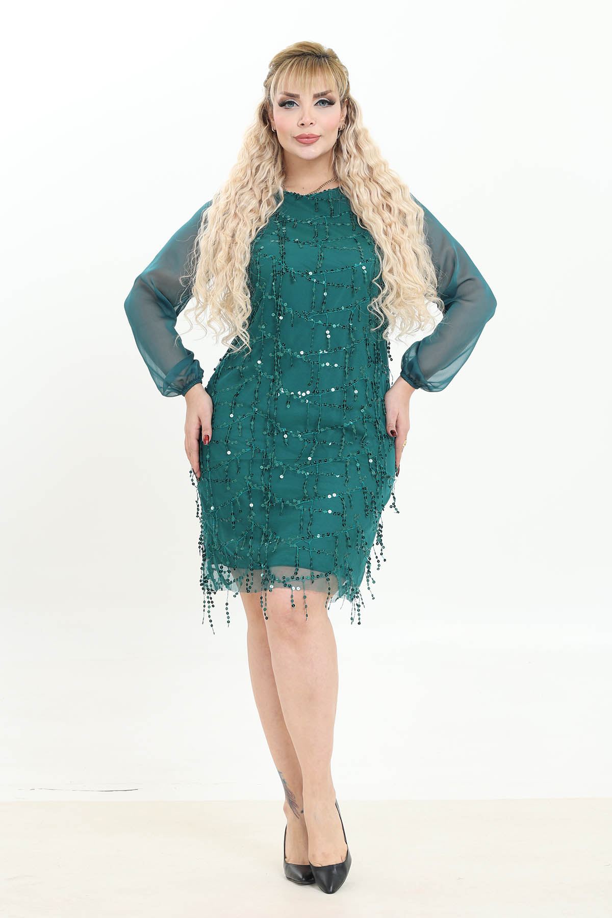 Salkım Payetli Büyük Beden Yeşil Abiye Elbise 10B-2766