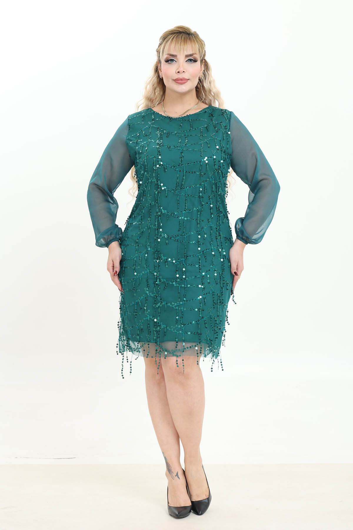 Salkım Payetli Büyük Beden Yeşil Abiye Elbise 10B-2766