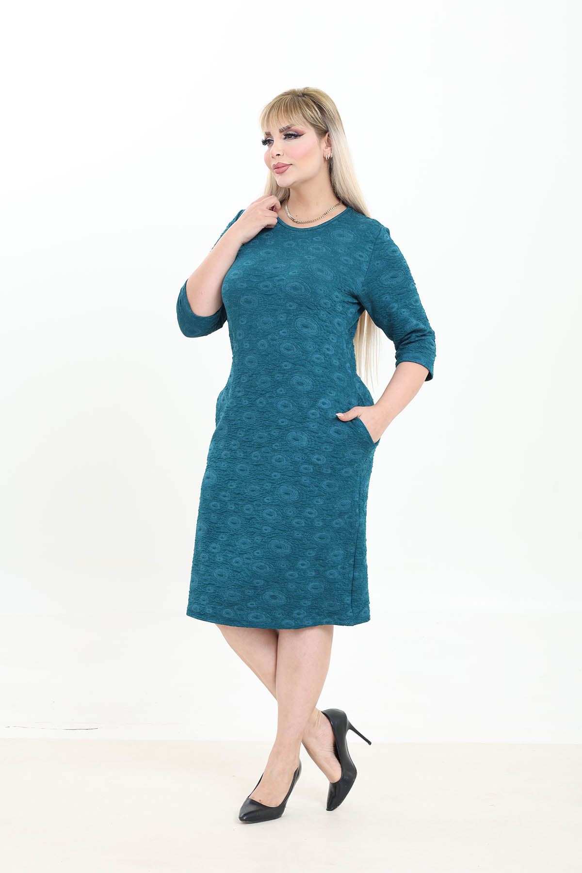 Çift Cepli Desenli Esnek Kışlık Büyük Beden Yeşil Midi Elbise 37C-2767