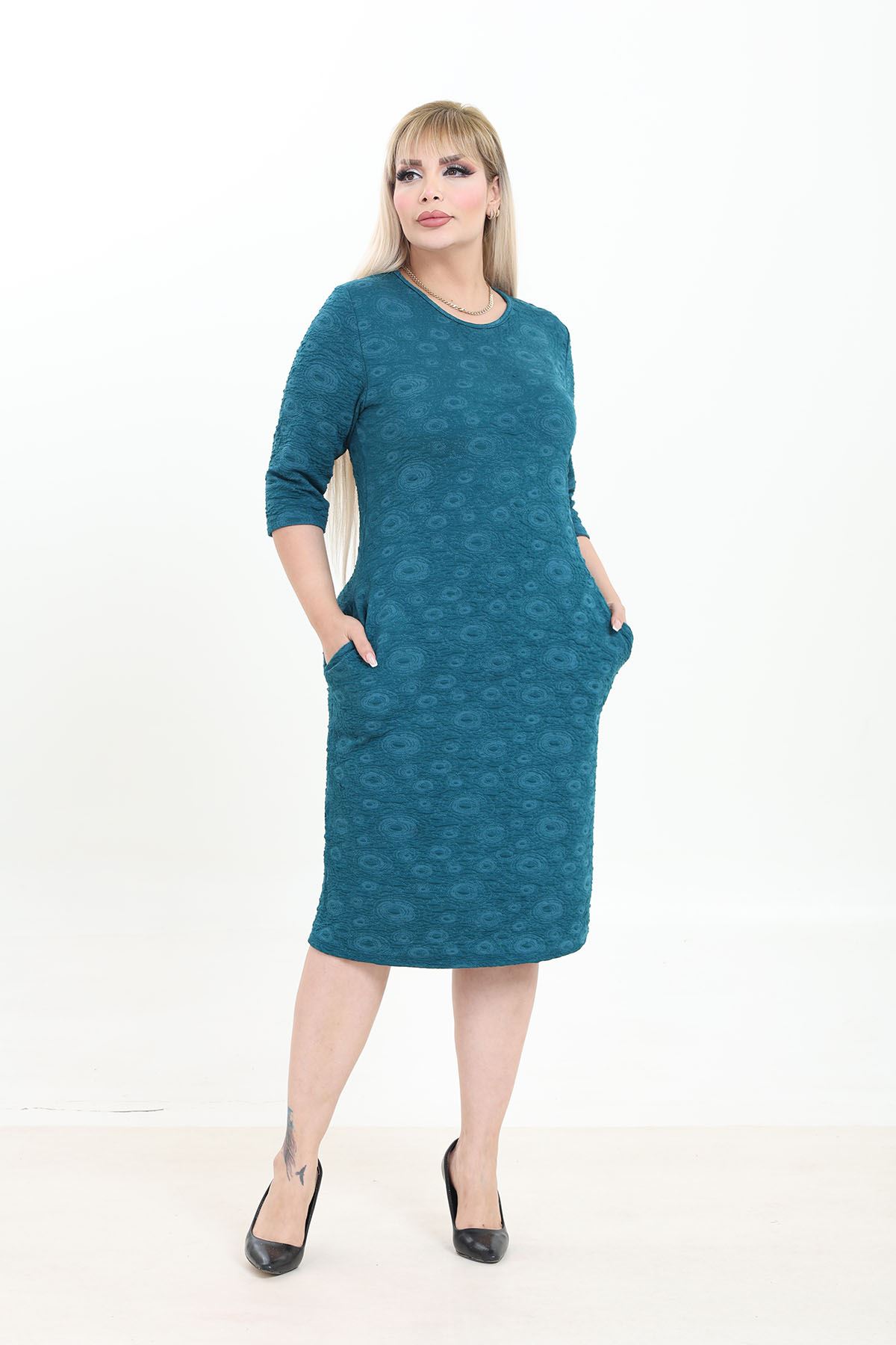 Çift Cepli Desenli Esnek Kışlık Büyük Beden Yeşil Midi Elbise 37C-2767