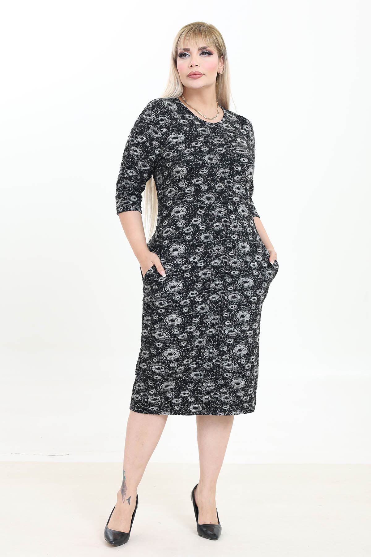 Çift Cepli Desenli Esnek Kışlık Büyük Beden Desenli Midi Elbise 12E-2768