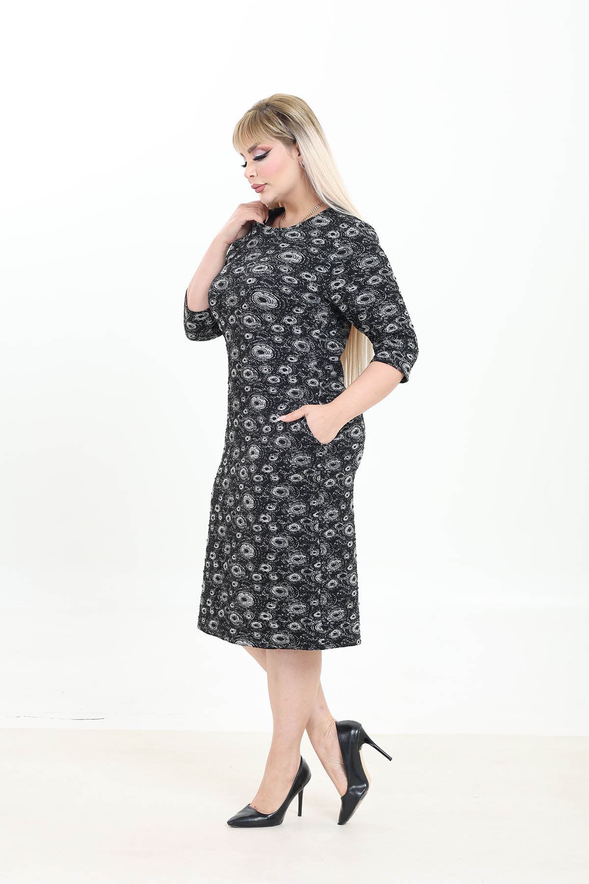 Çift Cepli Desenli Esnek Kışlık Büyük Beden Desenli Midi Elbise 12E-2768