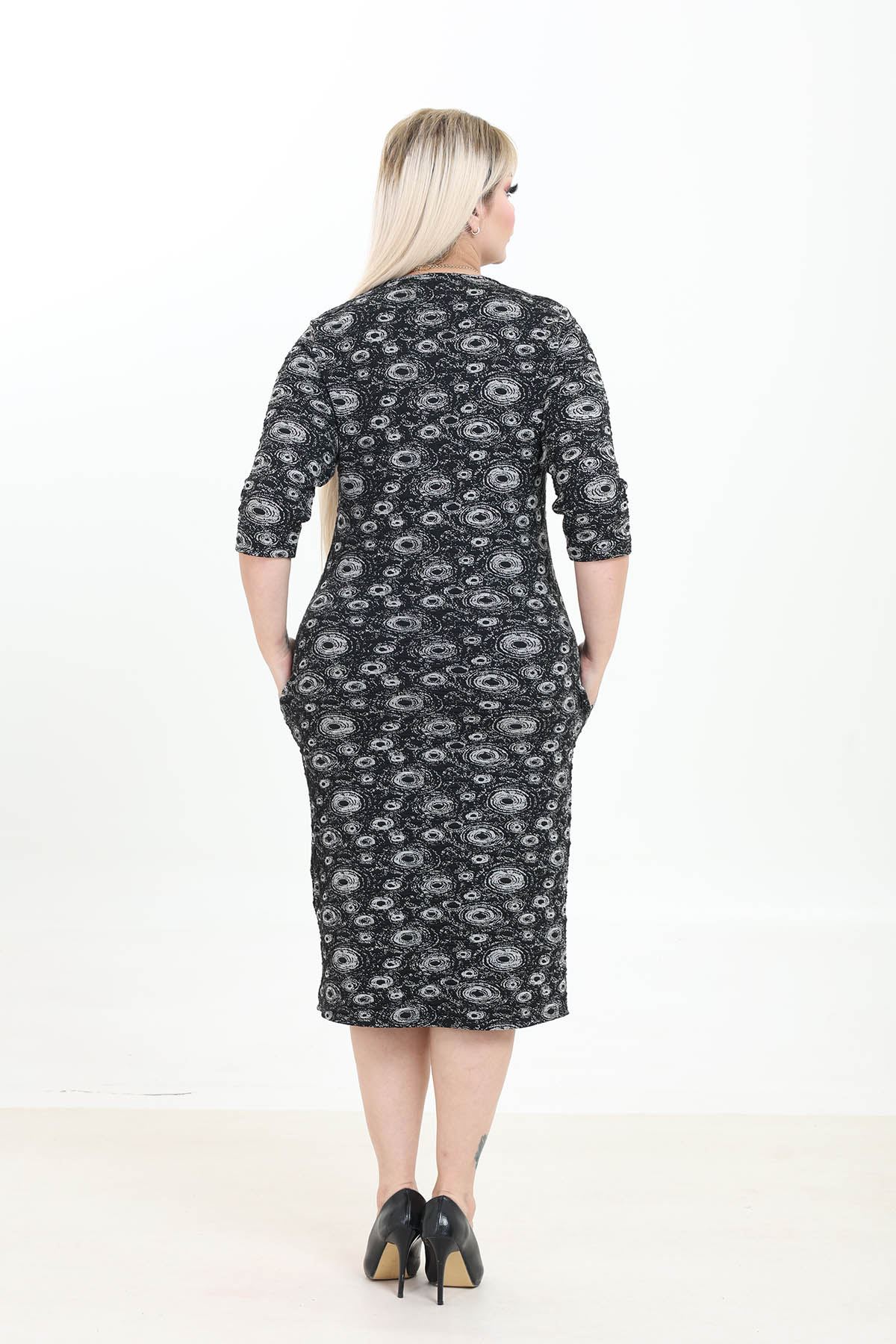 Çift Cepli Desenli Esnek Kışlık Büyük Beden Desenli Midi Elbise 12E-2768