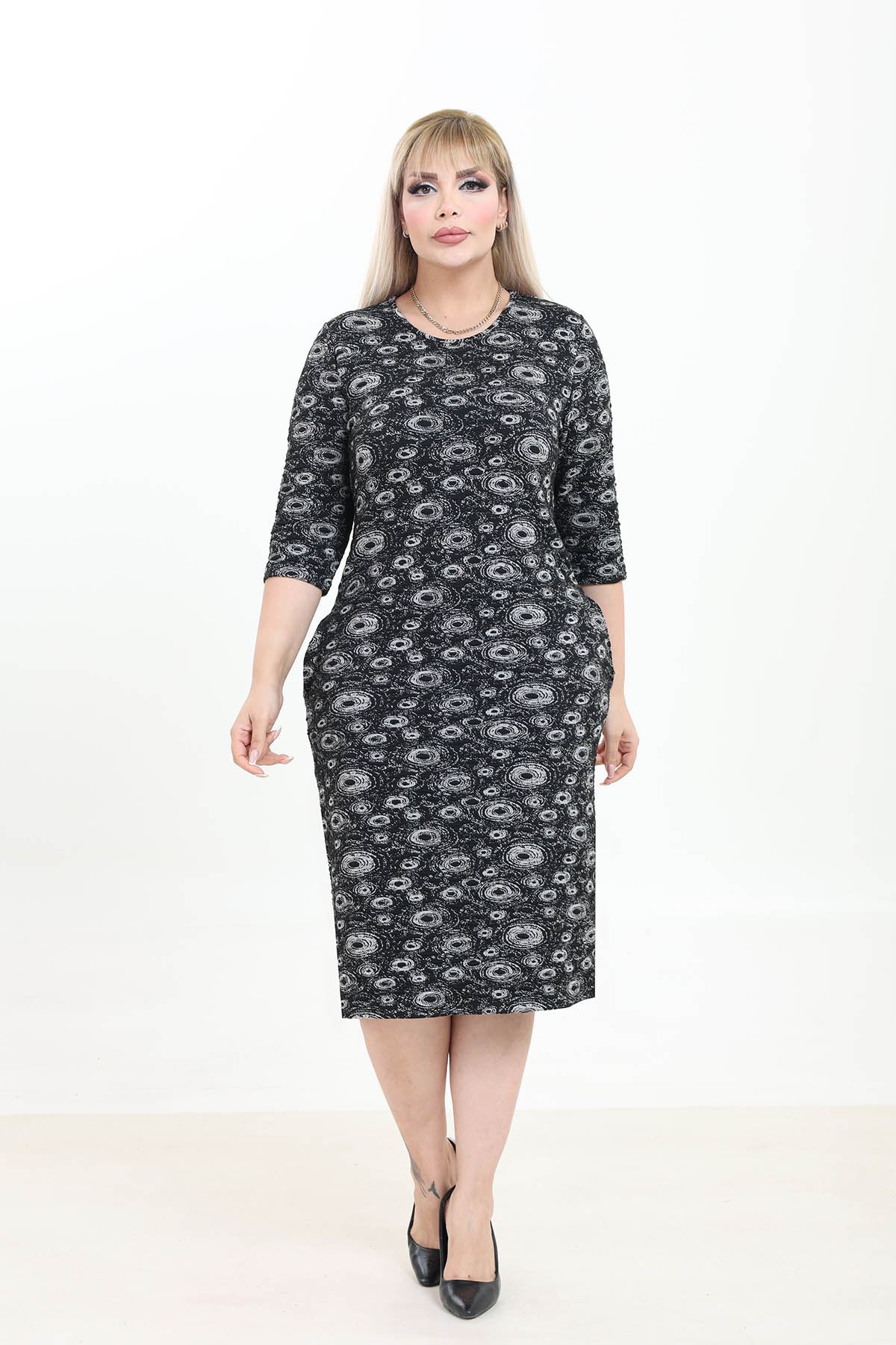 Çift Cepli Desenli Esnek Kışlık Büyük Beden Desenli Midi Elbise 12E-2768