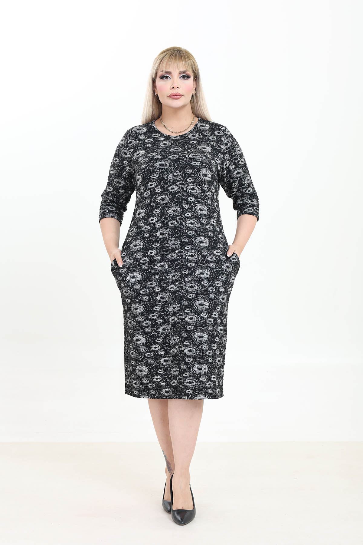 Çift Cepli Desenli Esnek Kışlık Büyük Beden Desenli Midi Elbise 12E-2768