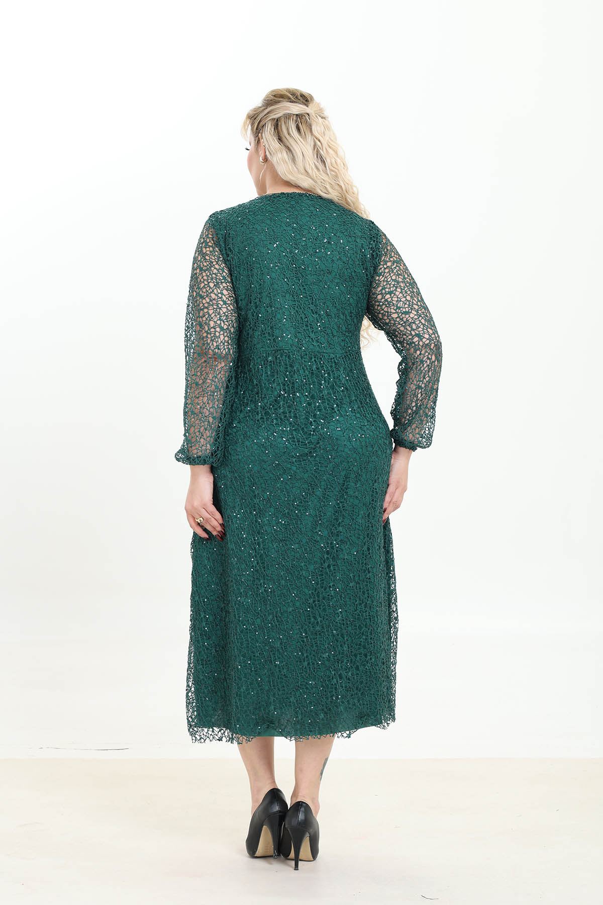 Yeşil Dantel Detaylı Kruvaze Yaka Uzun Kollu Abiye Elbise 1E-2763