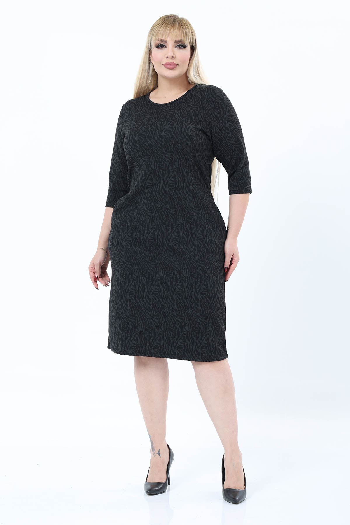 Çift Cepli Desenli Esnek Kışlık Büyük Beden Midi Elbise 46D-2770