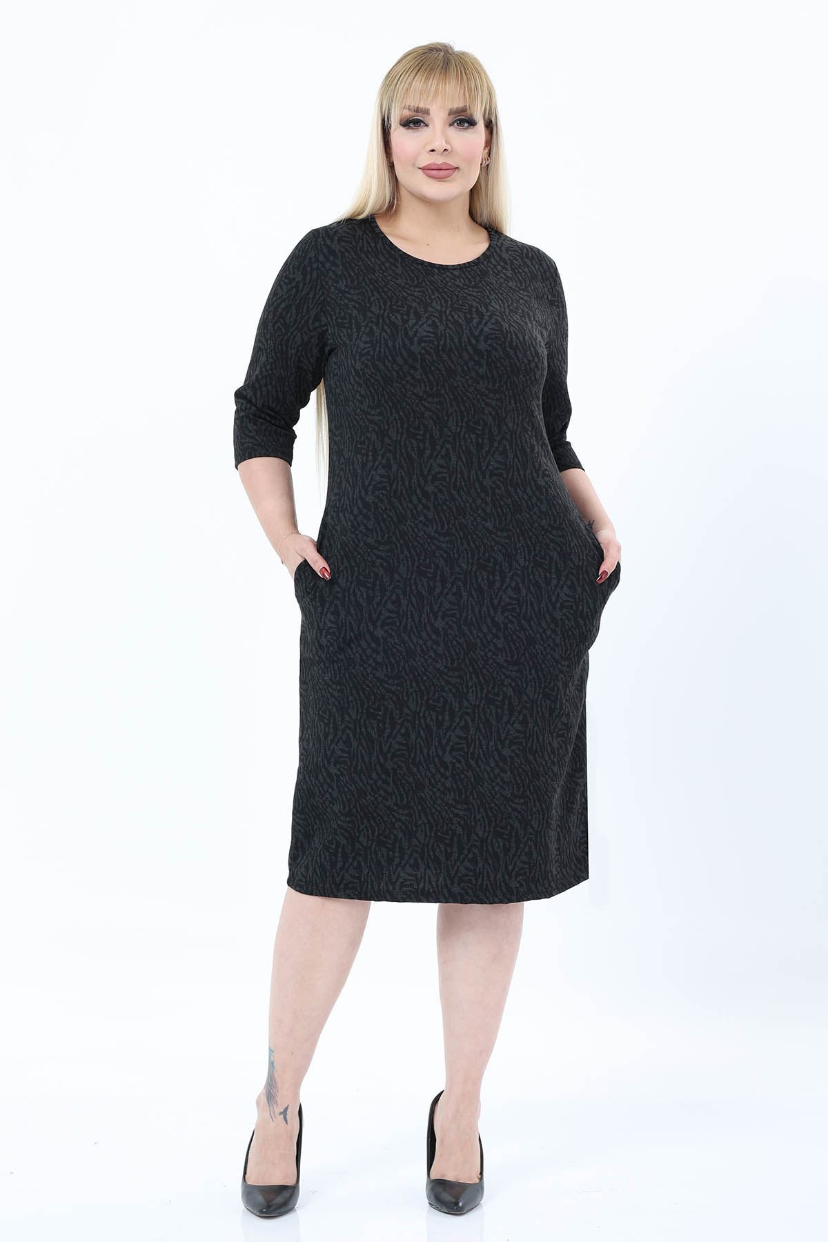 Çift Cepli Desenli Esnek Kışlık Büyük Beden Midi Elbise 46D-2770