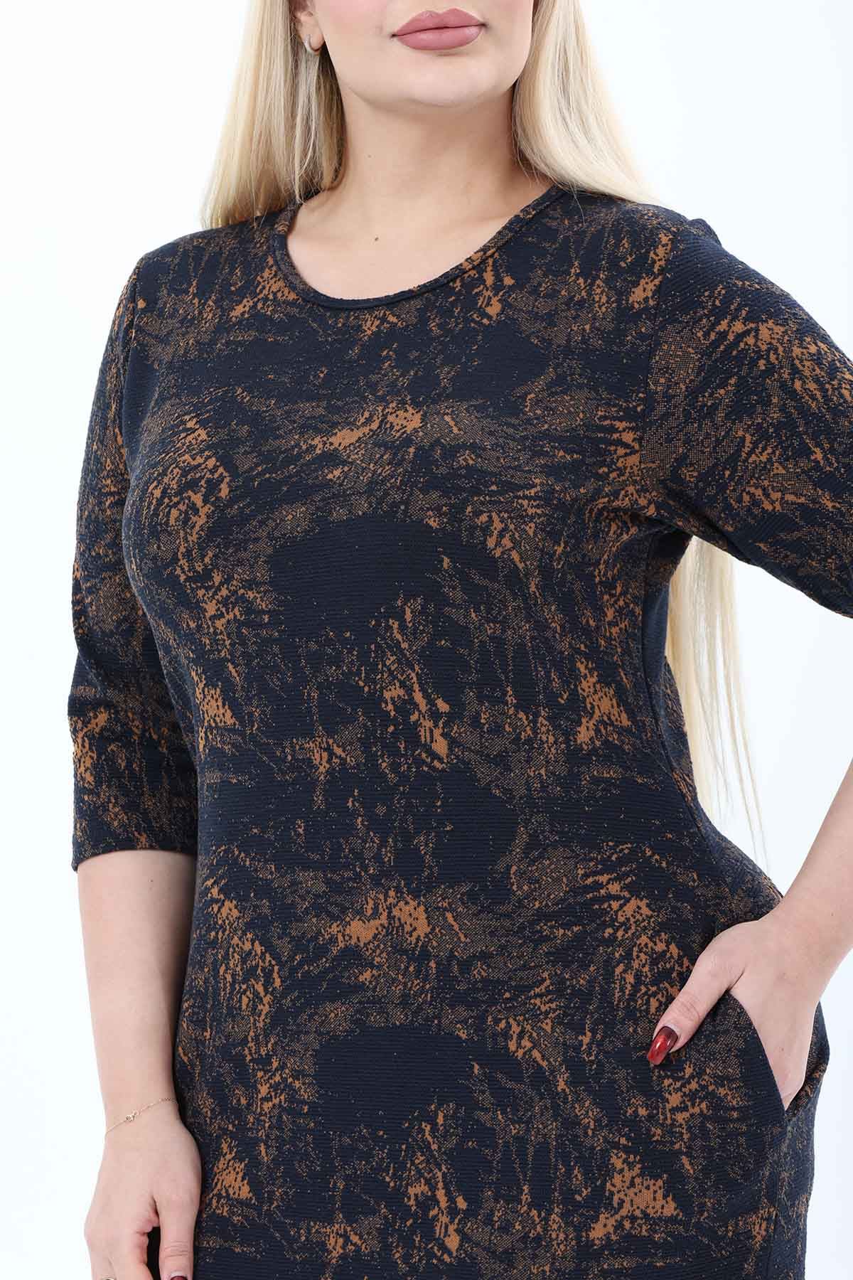 Çift Cepli Desenli Esnek Kışlık Büyük Beden Midi Elbise 46E-2771