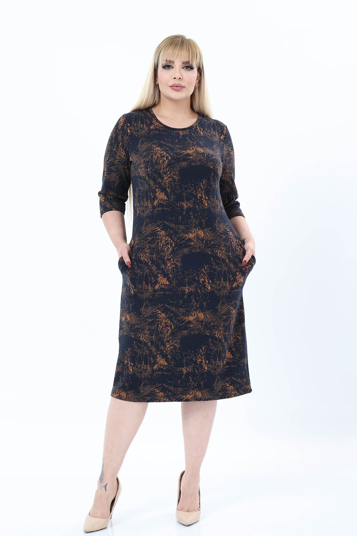 Çift Cepli Desenli Esnek Kışlık Büyük Beden Midi Elbise 46E-2771