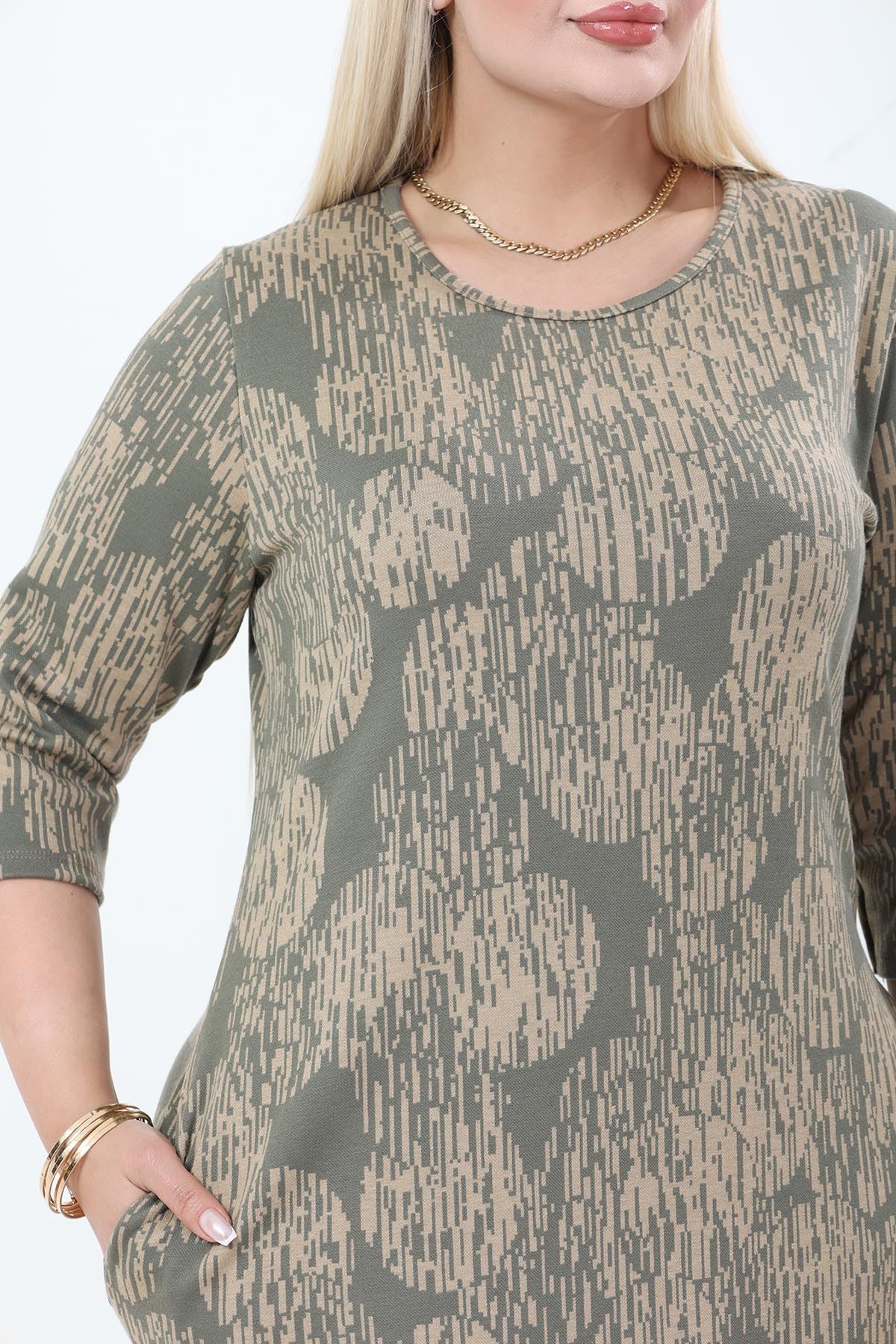 Çift Cepli Desenli Esnek Kışlık Büyük Beden Midi Elbise 25B-2774