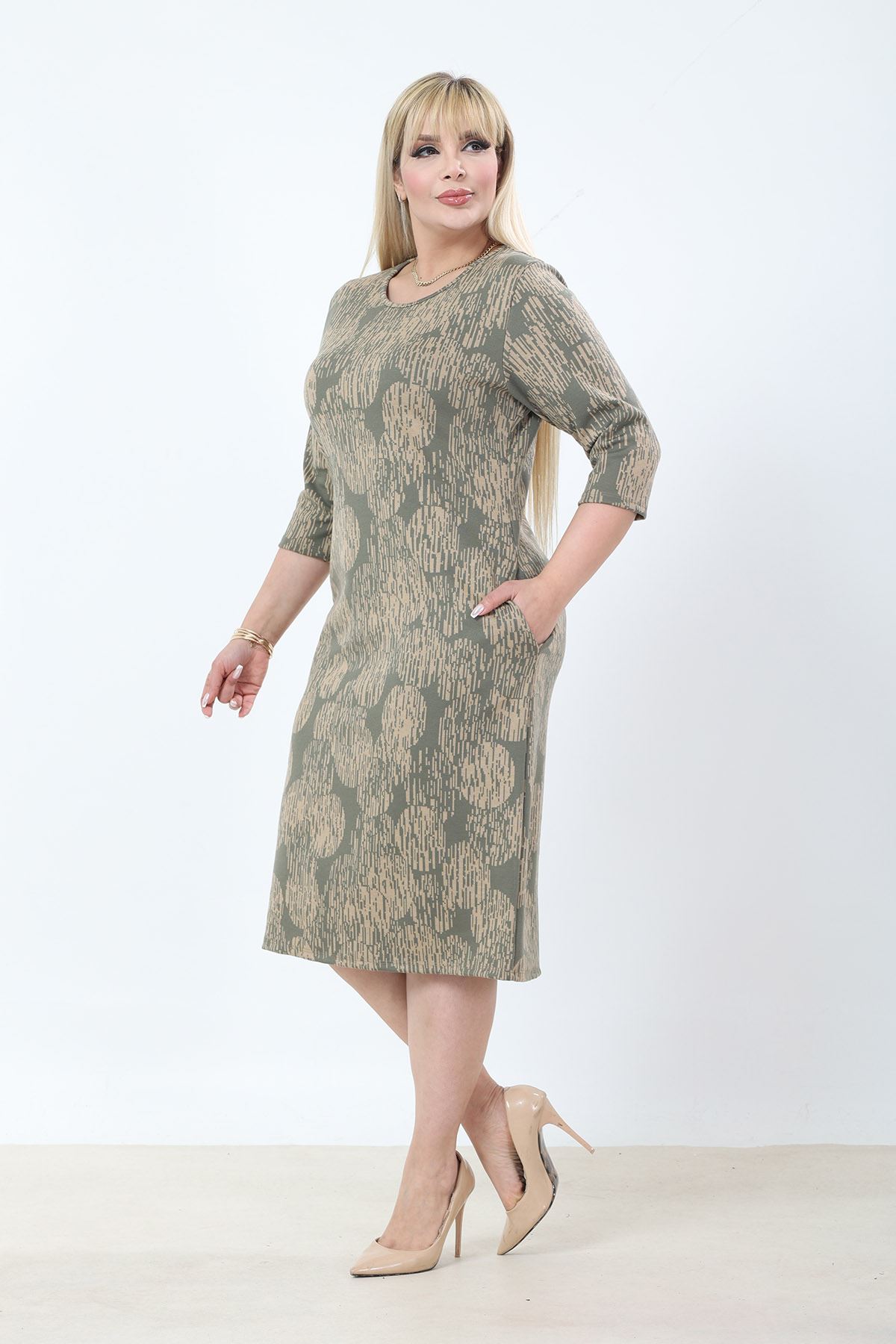 Çift Cepli Desenli Esnek Kışlık Büyük Beden Midi Elbise 25B-2774