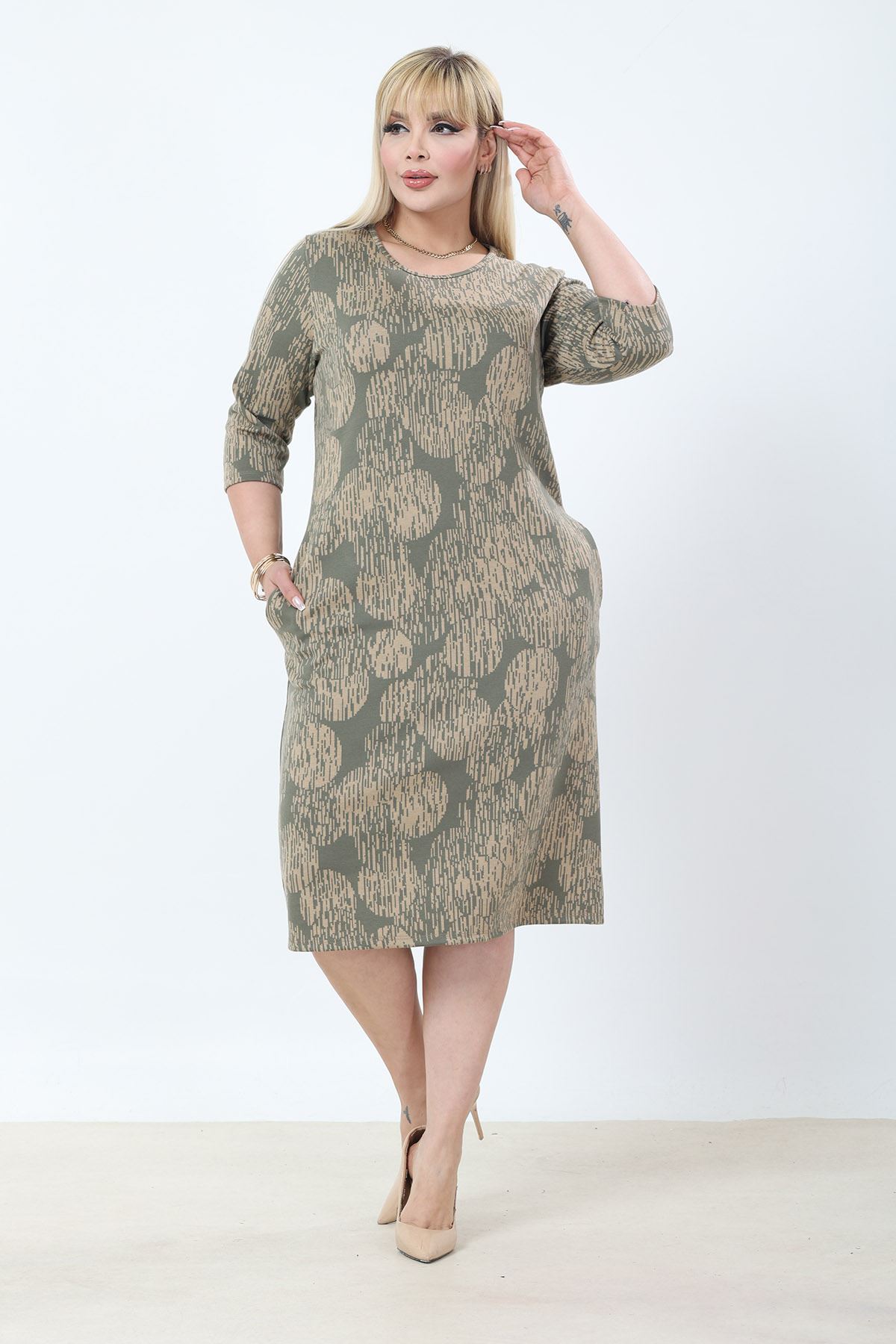 Çift Cepli Desenli Esnek Kışlık Büyük Beden Midi Elbise 25B-2774