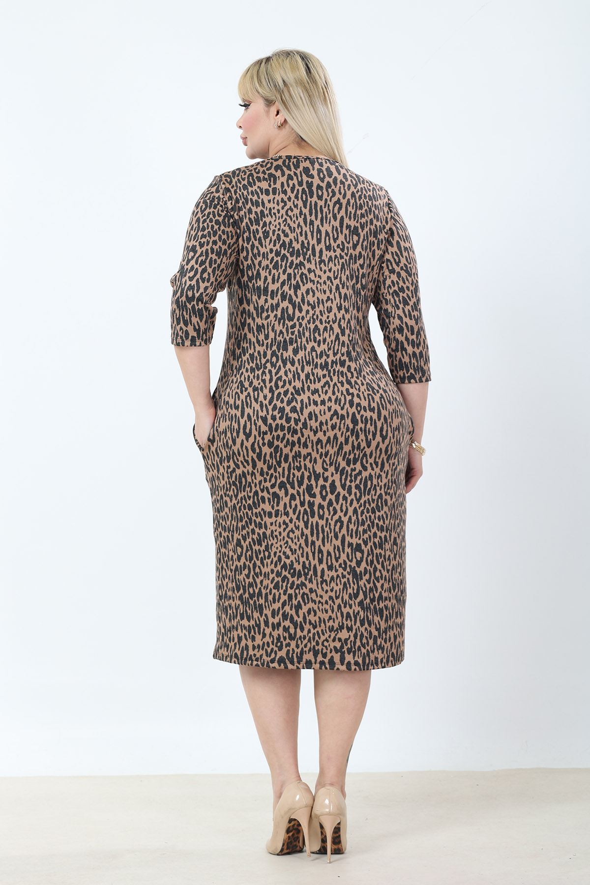 Çift Cepli Desenli Esnek Kışlık Büyük Beden Midi Elbise 26B-2775