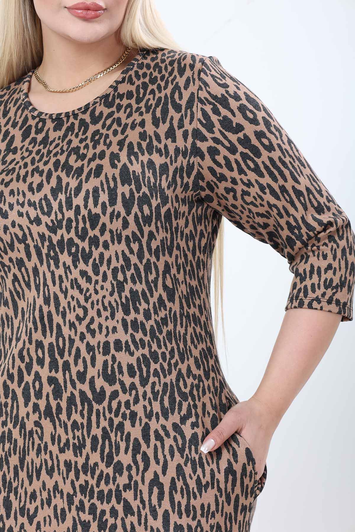 Çift Cepli Desenli Esnek Kışlık Büyük Beden Midi Elbise 26B-2775