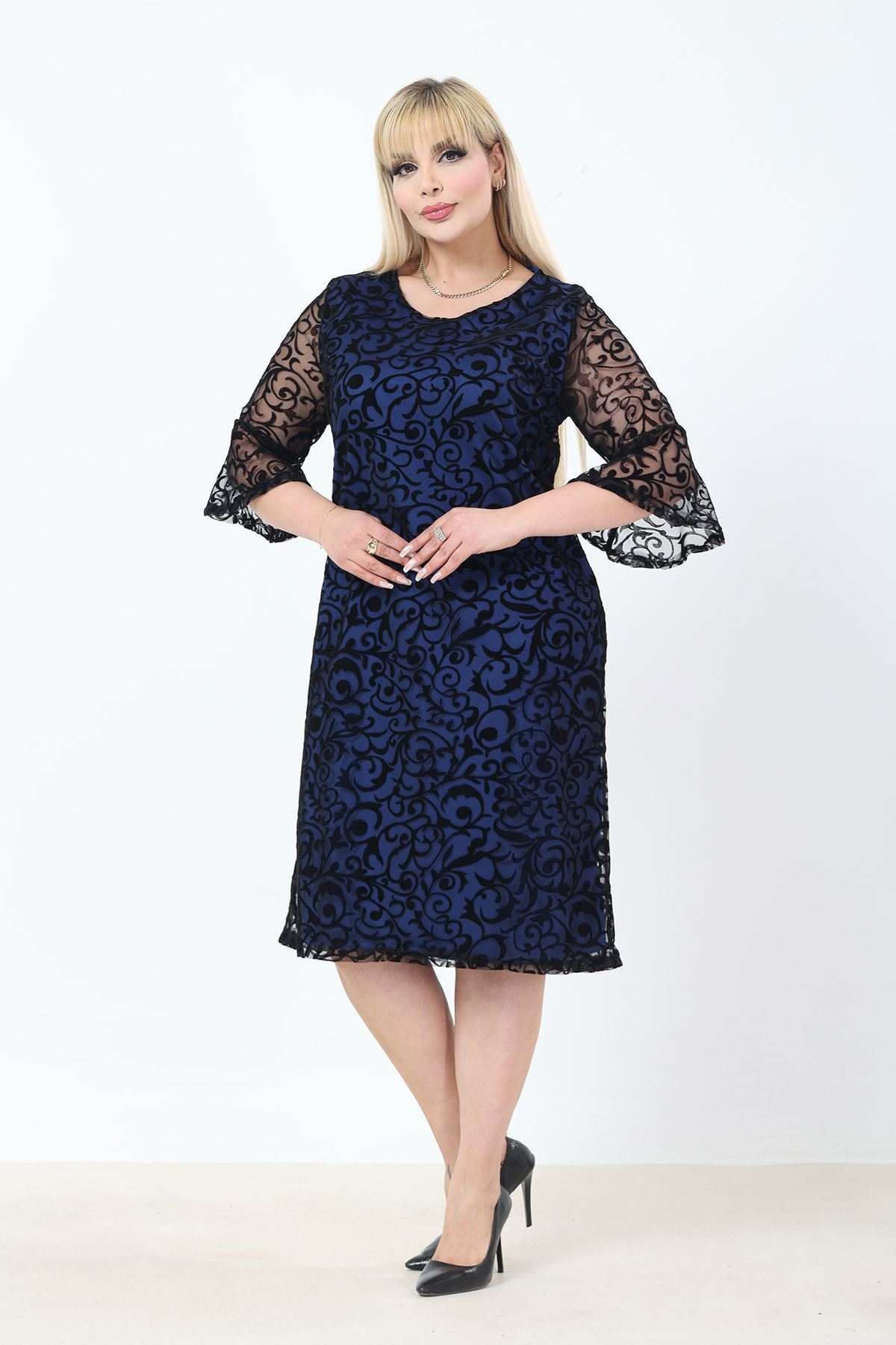 İspanyol Kol Büyük Beden Astar Detaylı Elbise 18B-2773