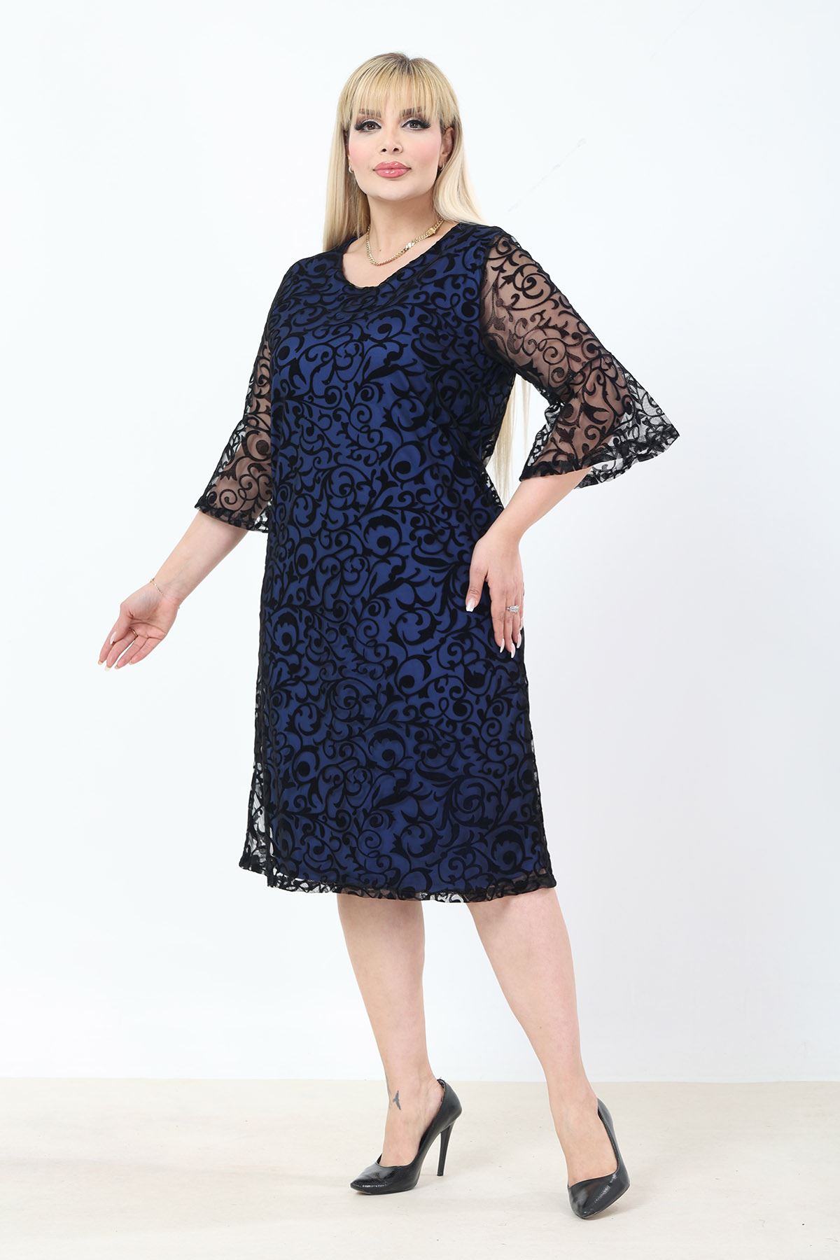 İspanyol Kol Büyük Beden Astar Detaylı Elbise 18B-2773