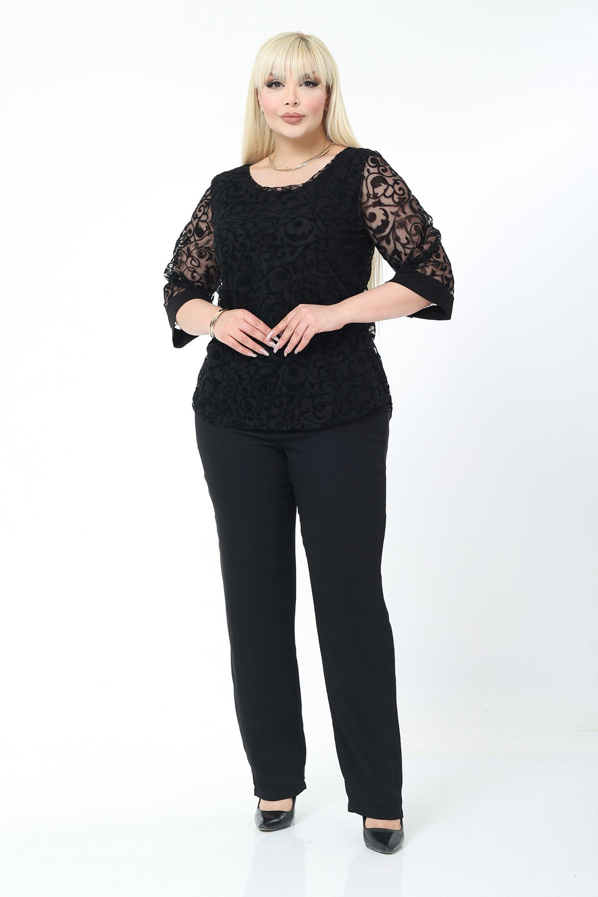Büyük Beden Astarlı Siyah Esnek Bluz 37C-2780