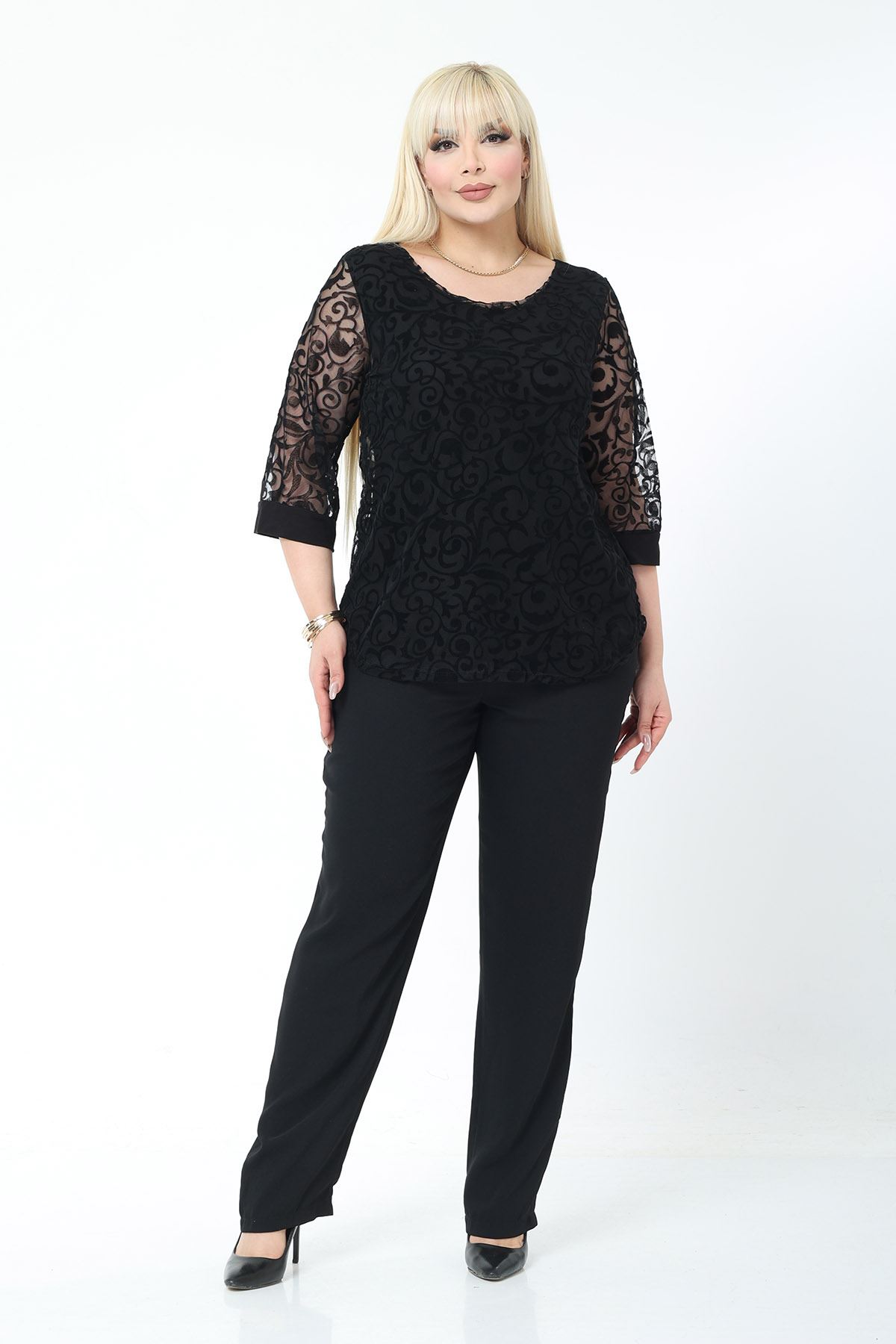Büyük Beden Astarlı Siyah Esnek Bluz 37C-2780