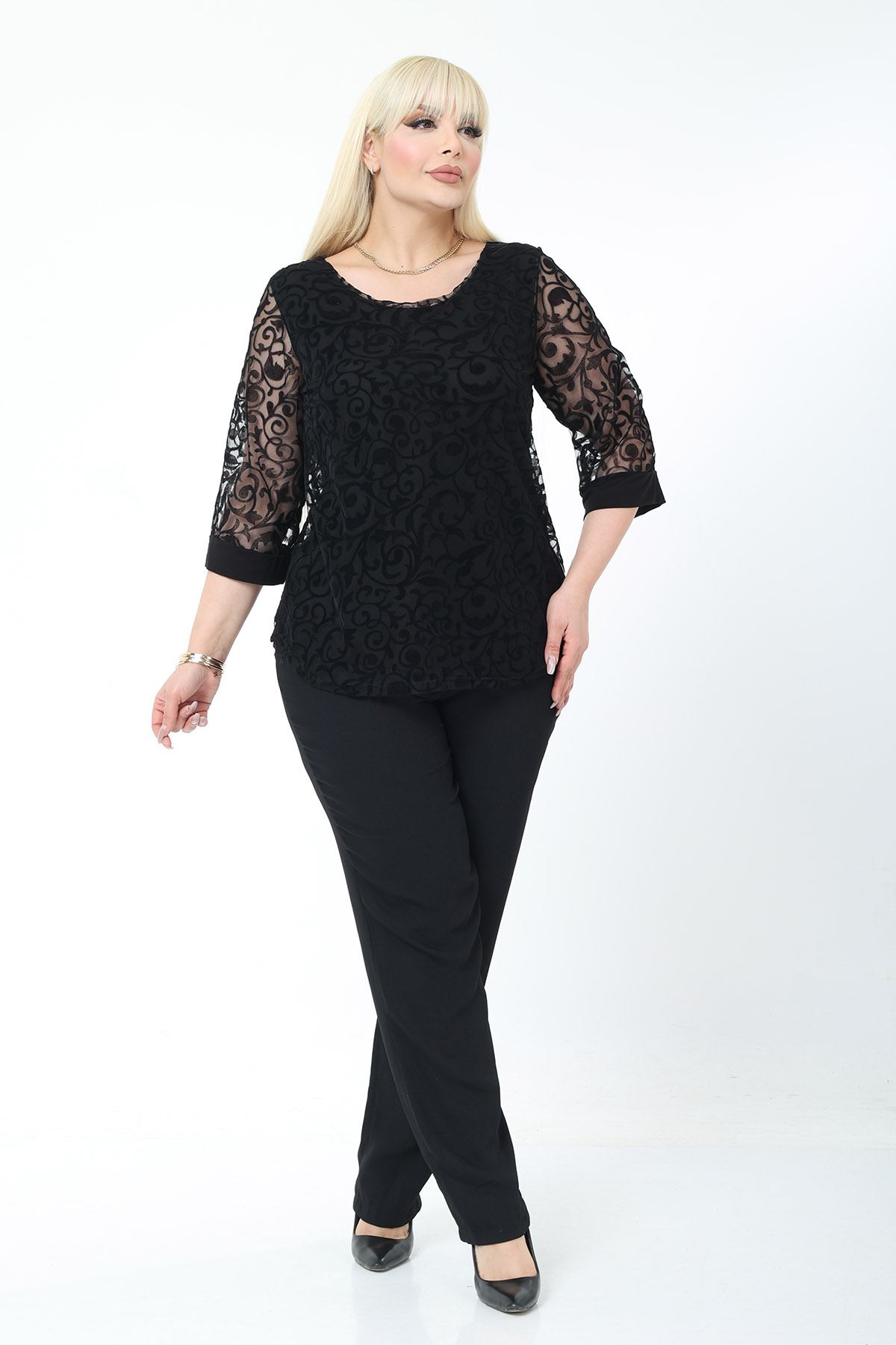 Büyük Beden Astarlı Siyah Esnek Bluz 37C-2780