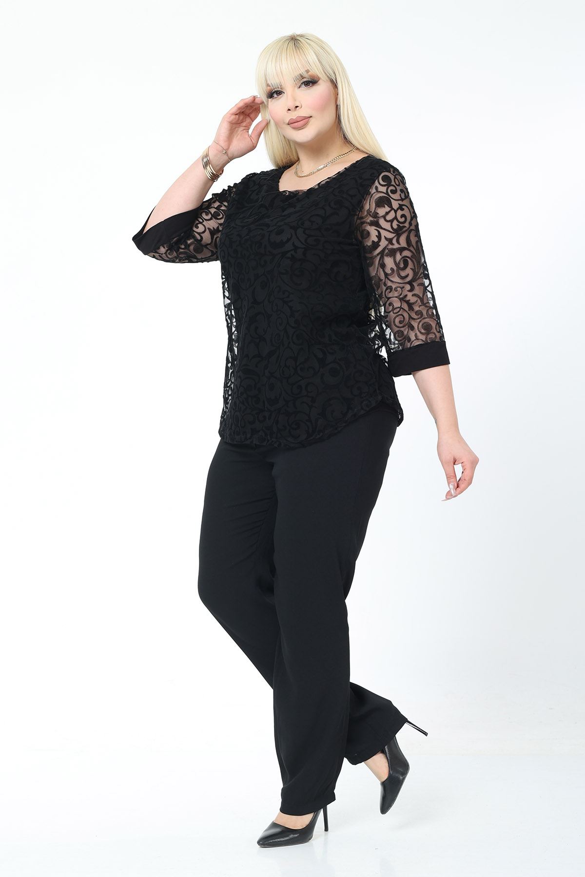 Büyük Beden Astarlı Siyah Esnek Bluz 37C-2780