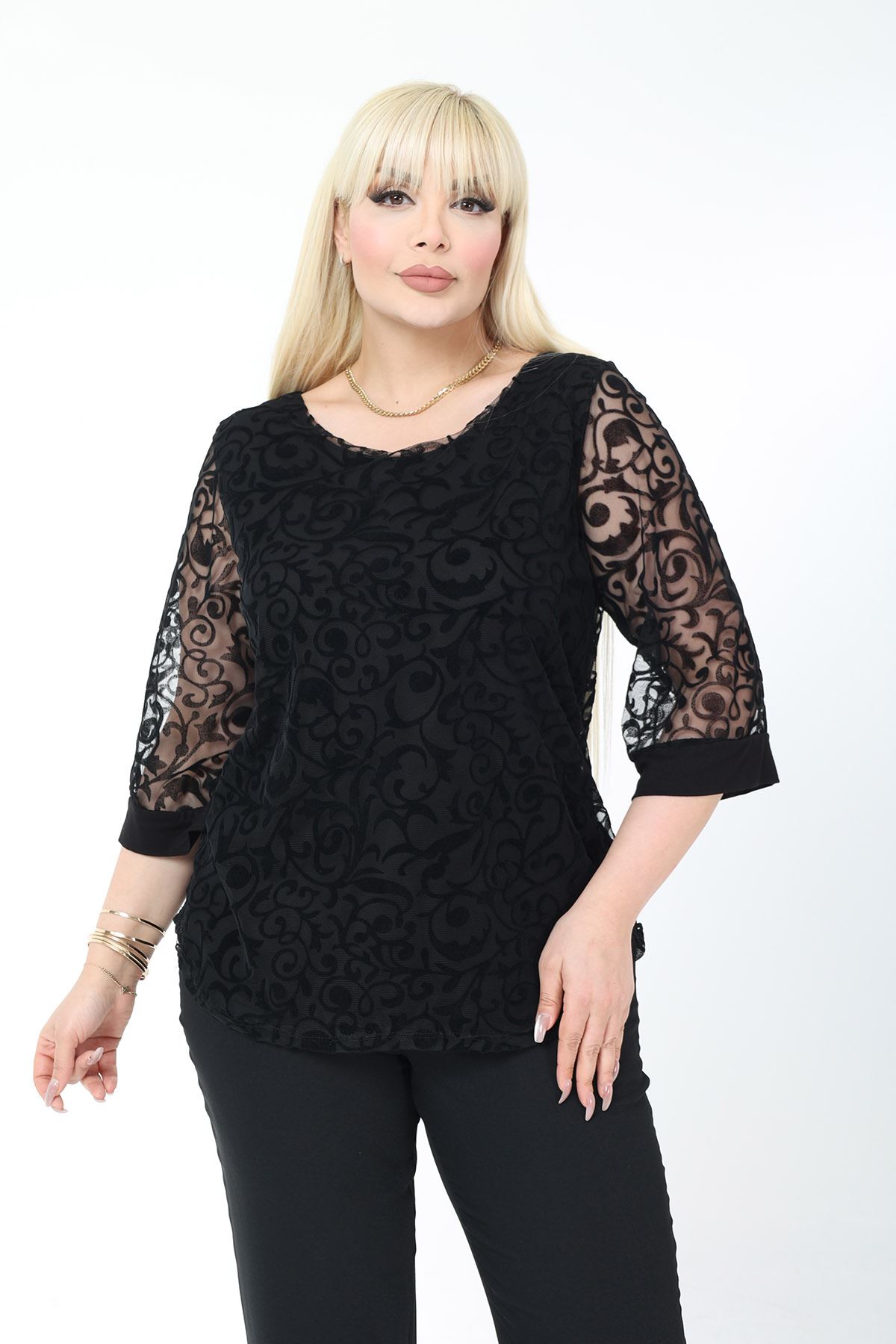 Büyük Beden Astarlı Siyah Esnek Bluz 37C-2780